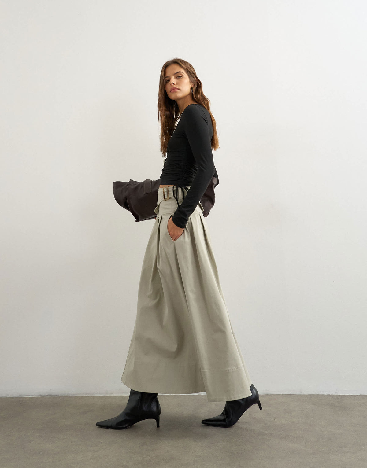 Topshop twill pleated midi skirt with belt detail in grey