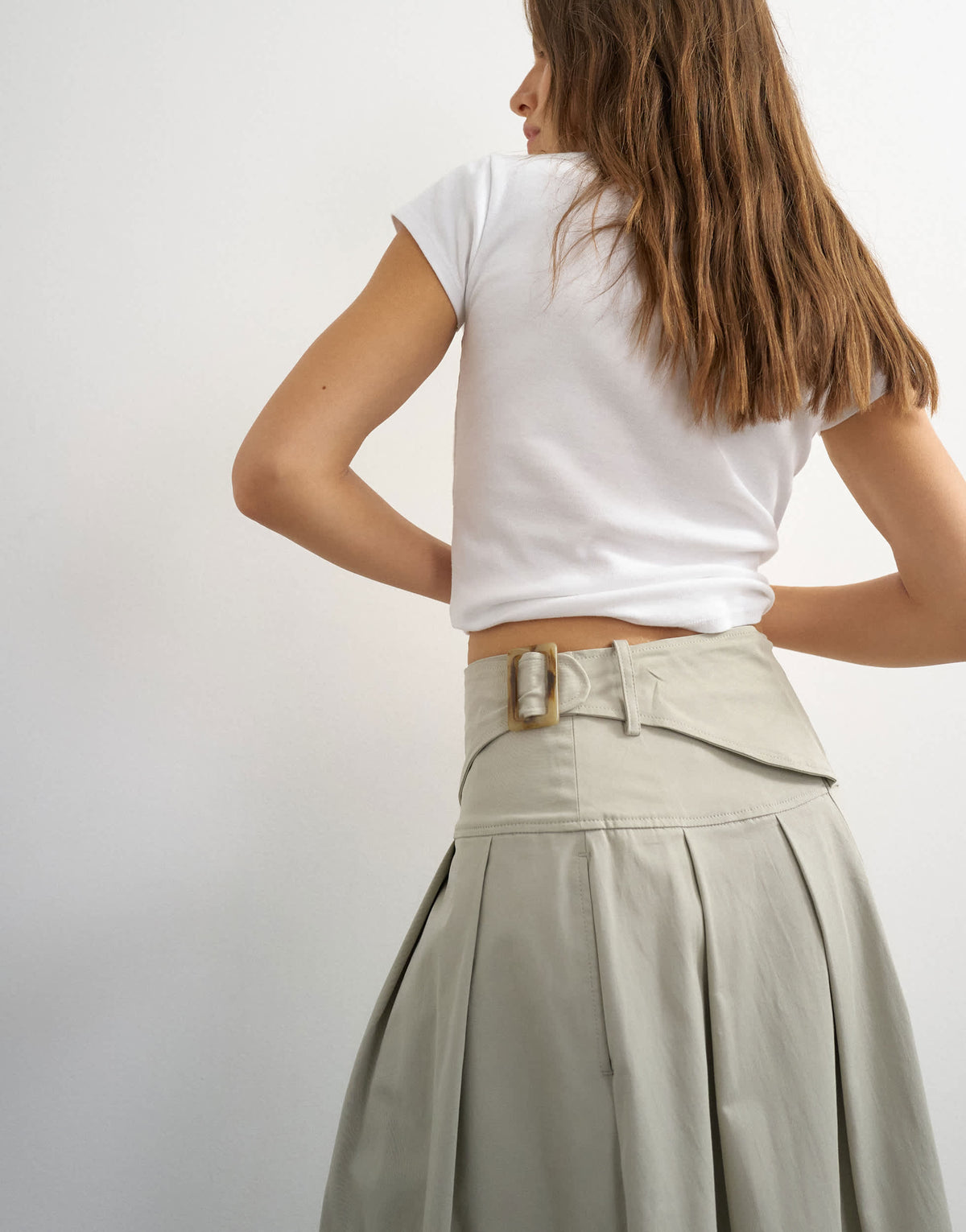 Topshop twill pleated midi skirt with belt detail in grey