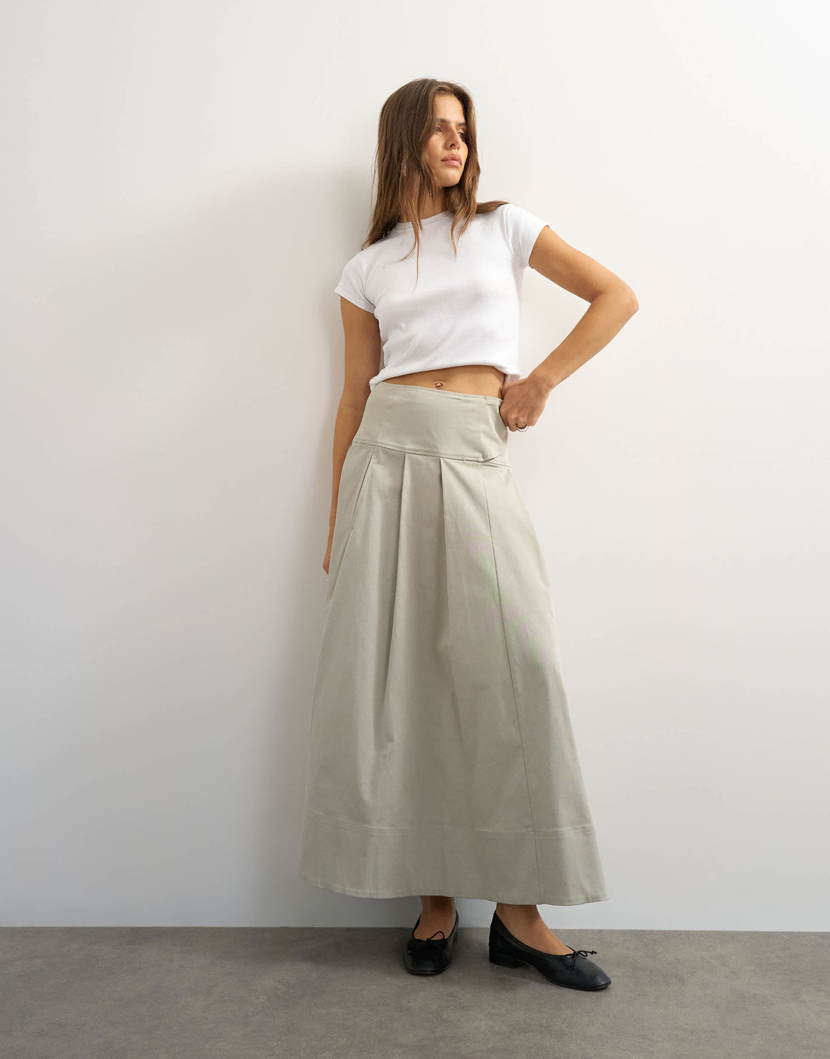 Topshop twill pleated midi skirt with belt detail in grey