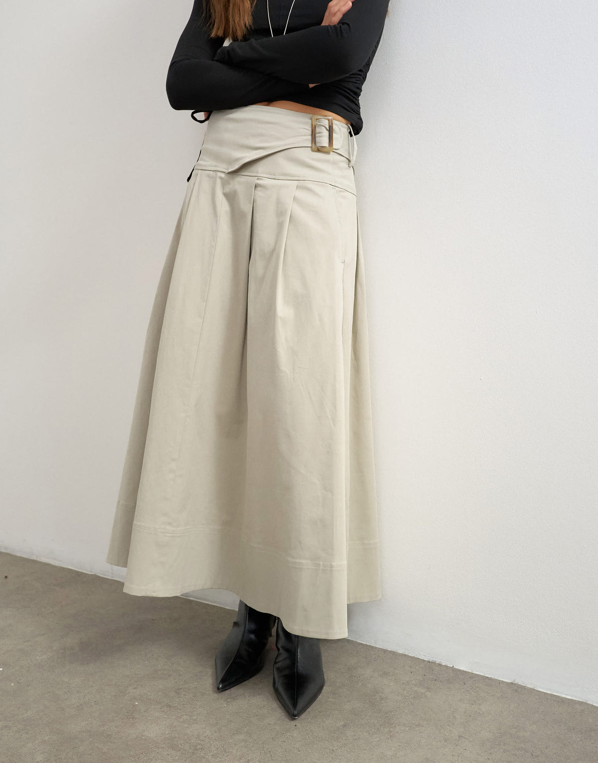 Topshop twill pleated midi skirt with belt detail in grey