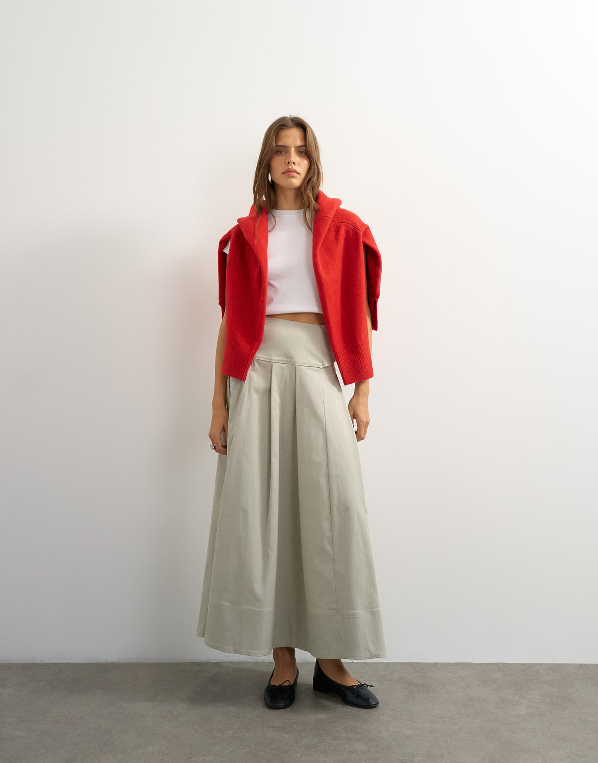 Topshop twill pleated midi skirt with belt detail in grey