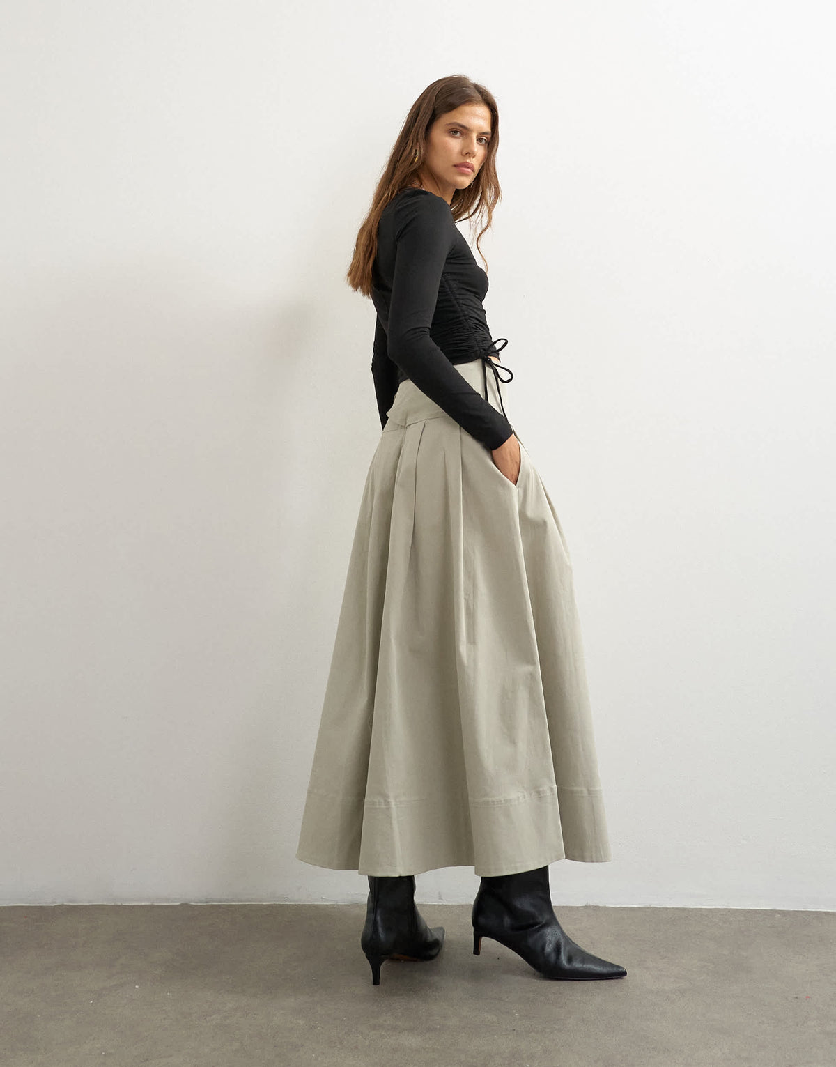 Topshop twill pleated midi skirt with belt detail in grey