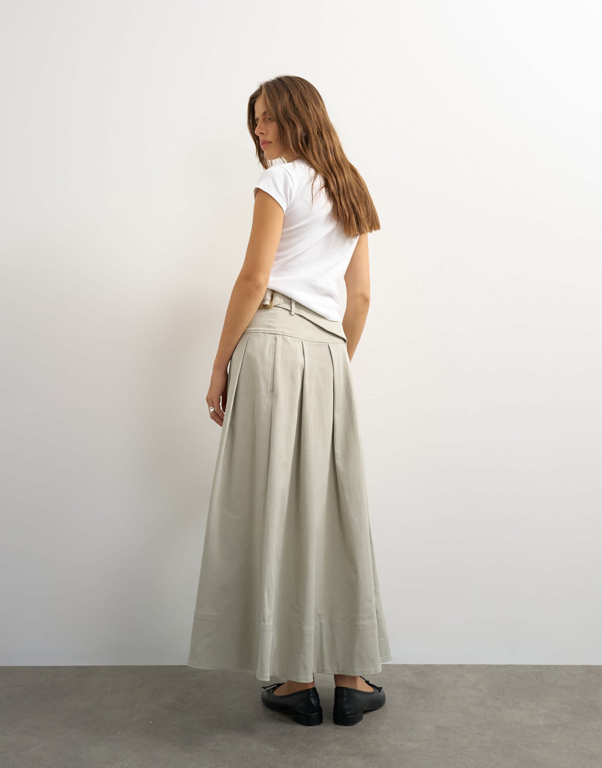 Topshop twill pleated midi skirt with belt detail in grey