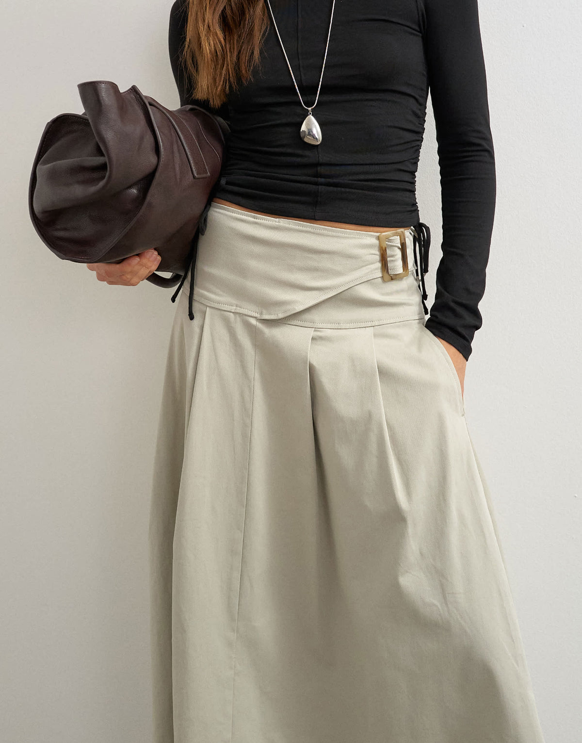 Topshop twill pleated midi skirt with belt detail in grey