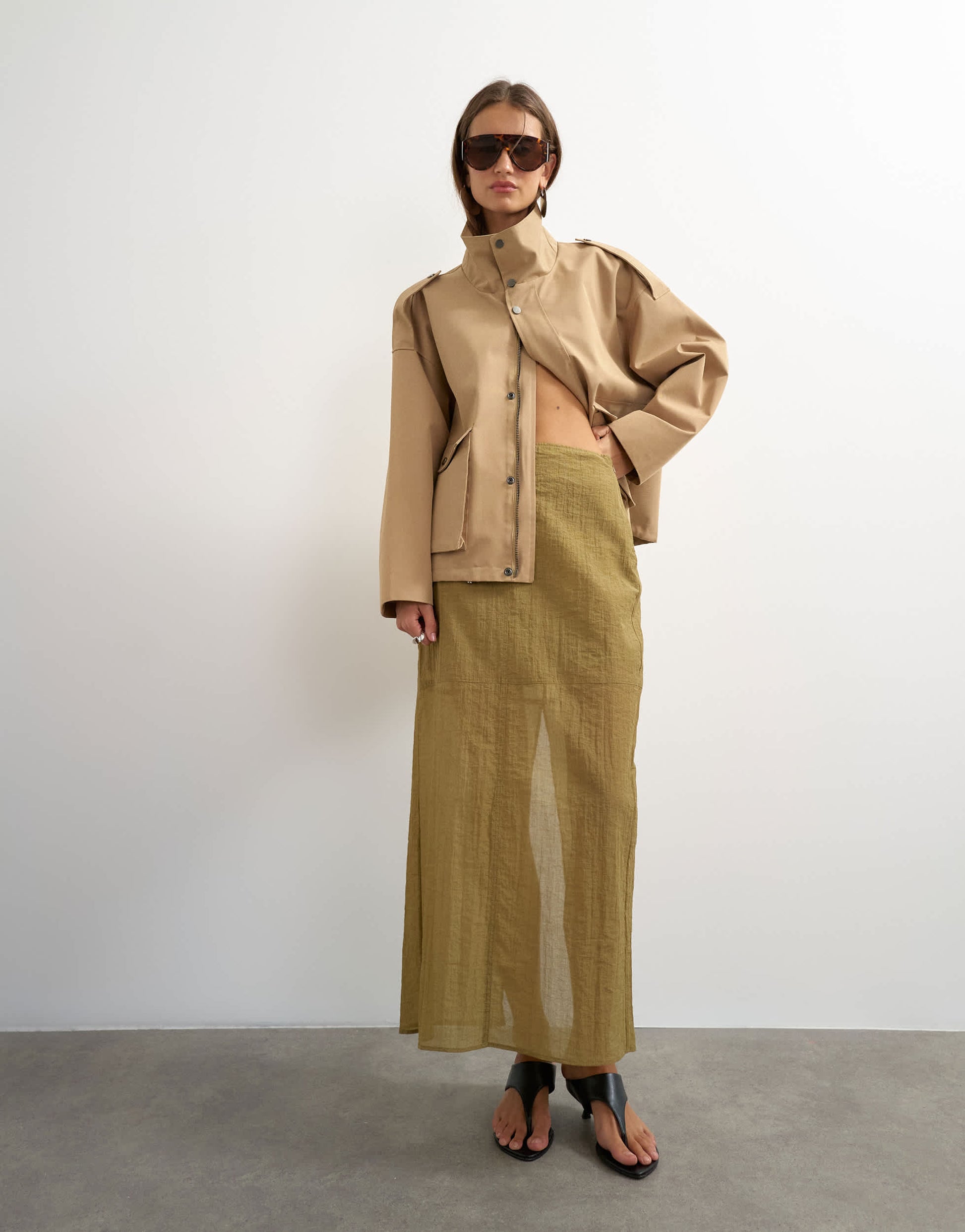 Topshop sheer maxi skirt in khaki