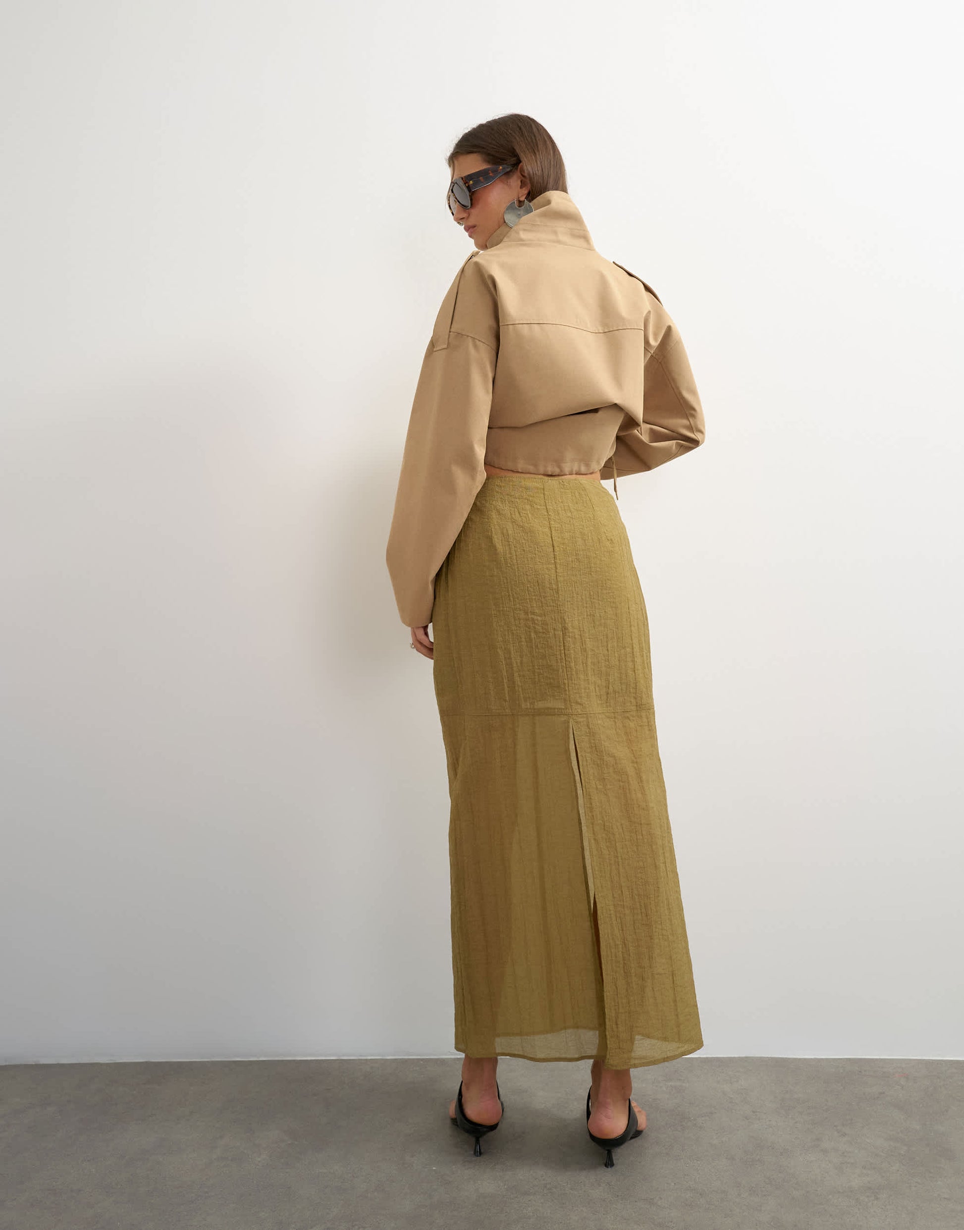 Topshop sheer maxi skirt in khaki