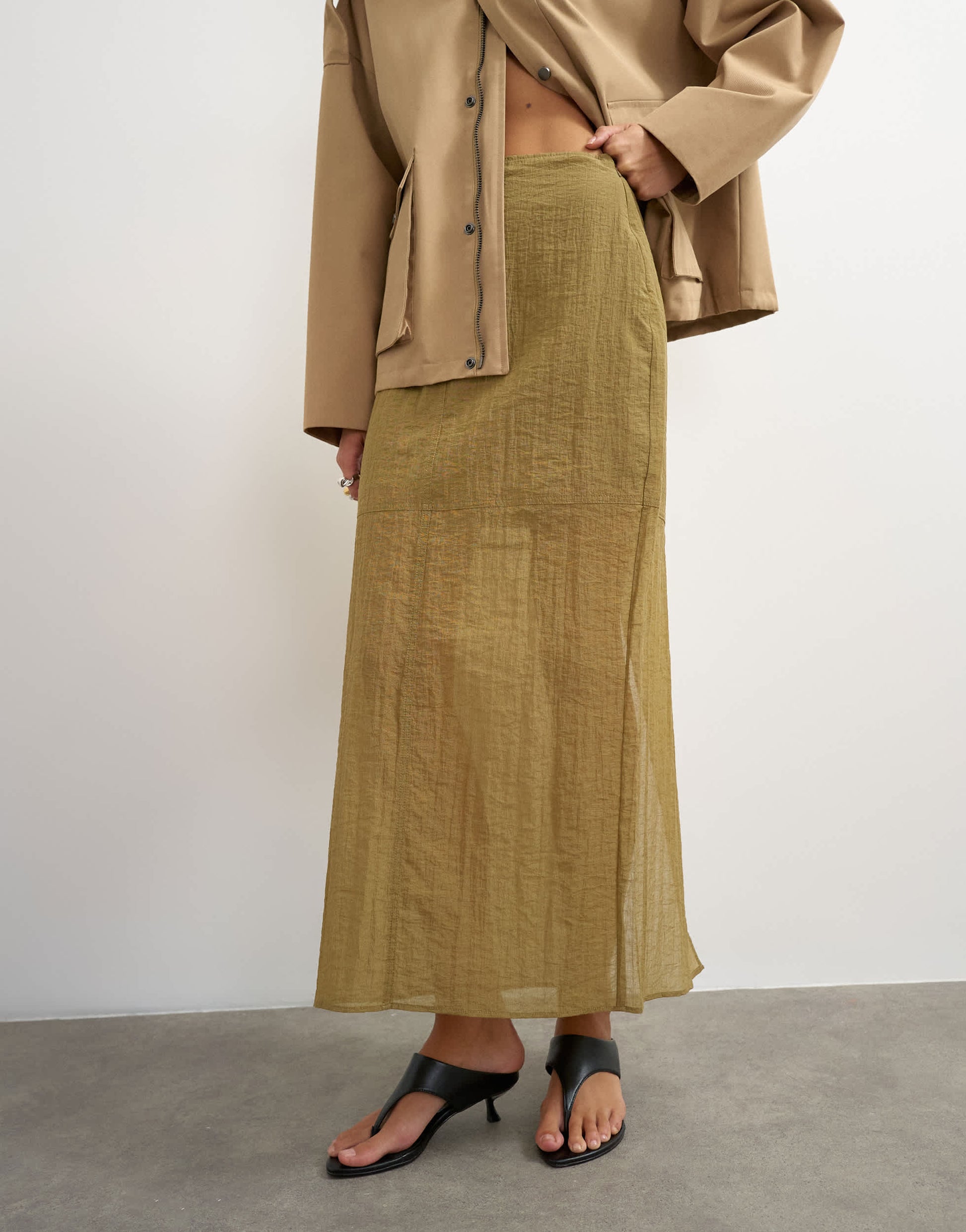 Topshop sheer maxi skirt in khaki