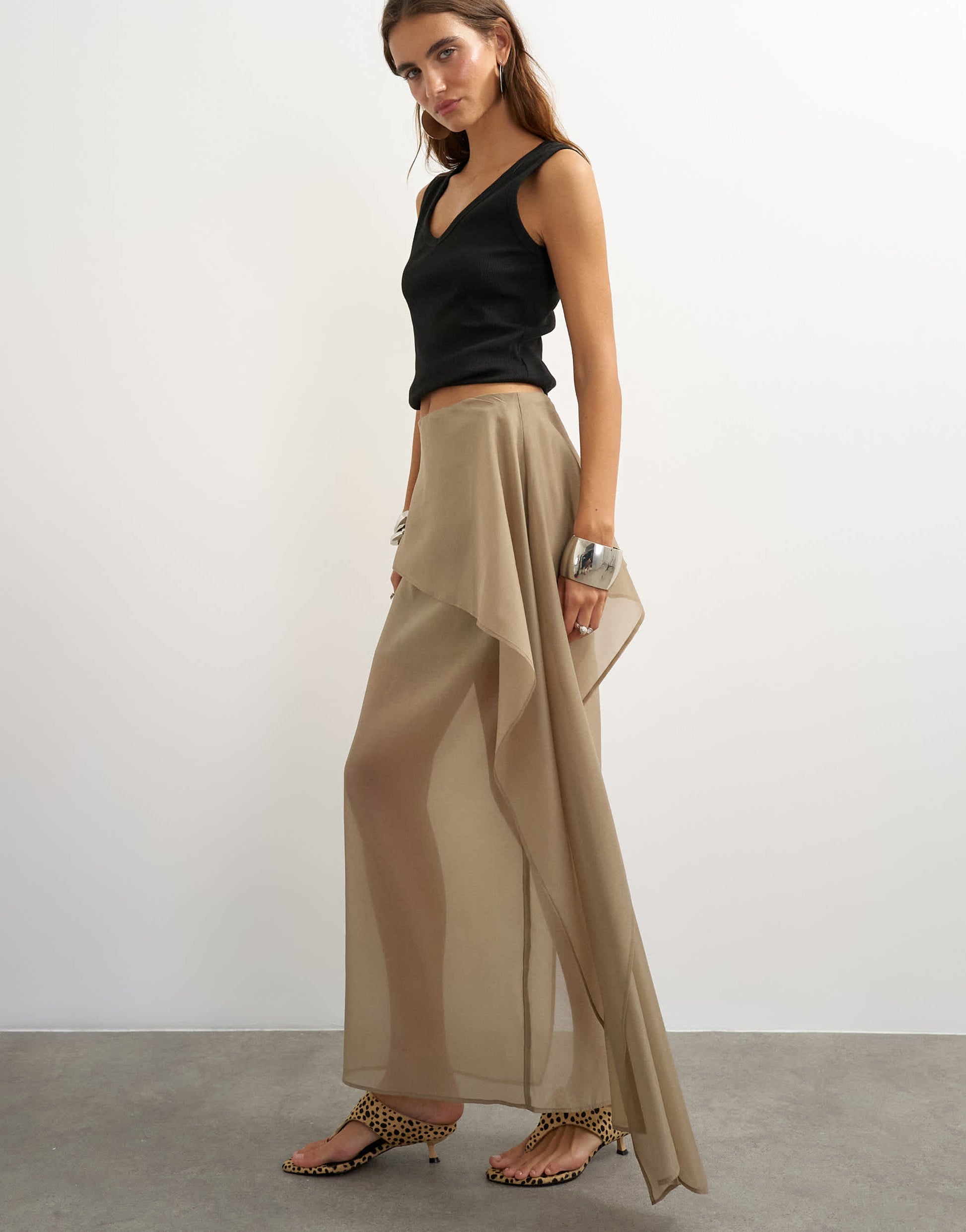 Topshop organza drape detail midi skirt in mink