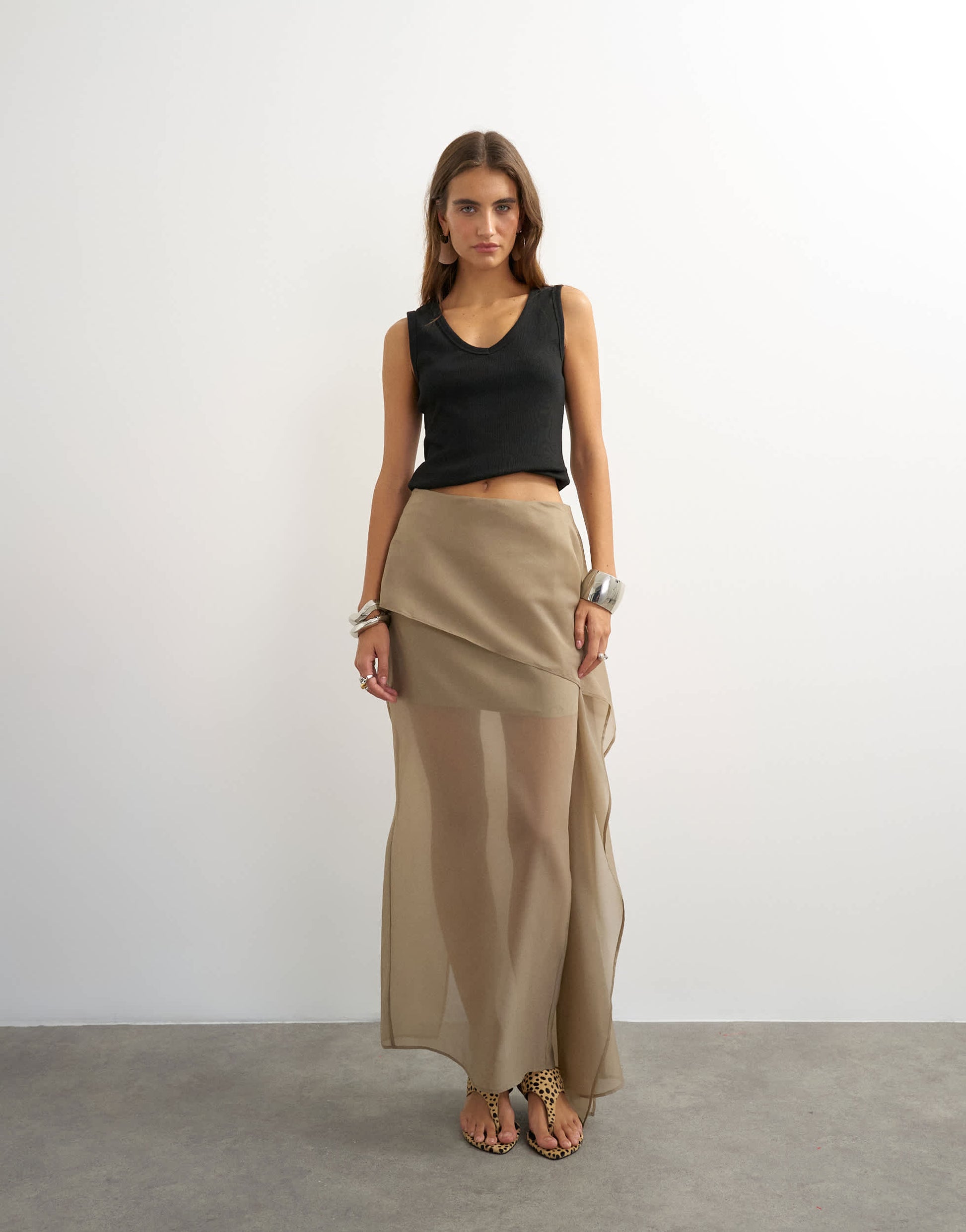 Topshop organza drape detail midi skirt in mink