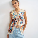 Topshop floral cap sleeve asymmetric tie front lace detail top in ecru