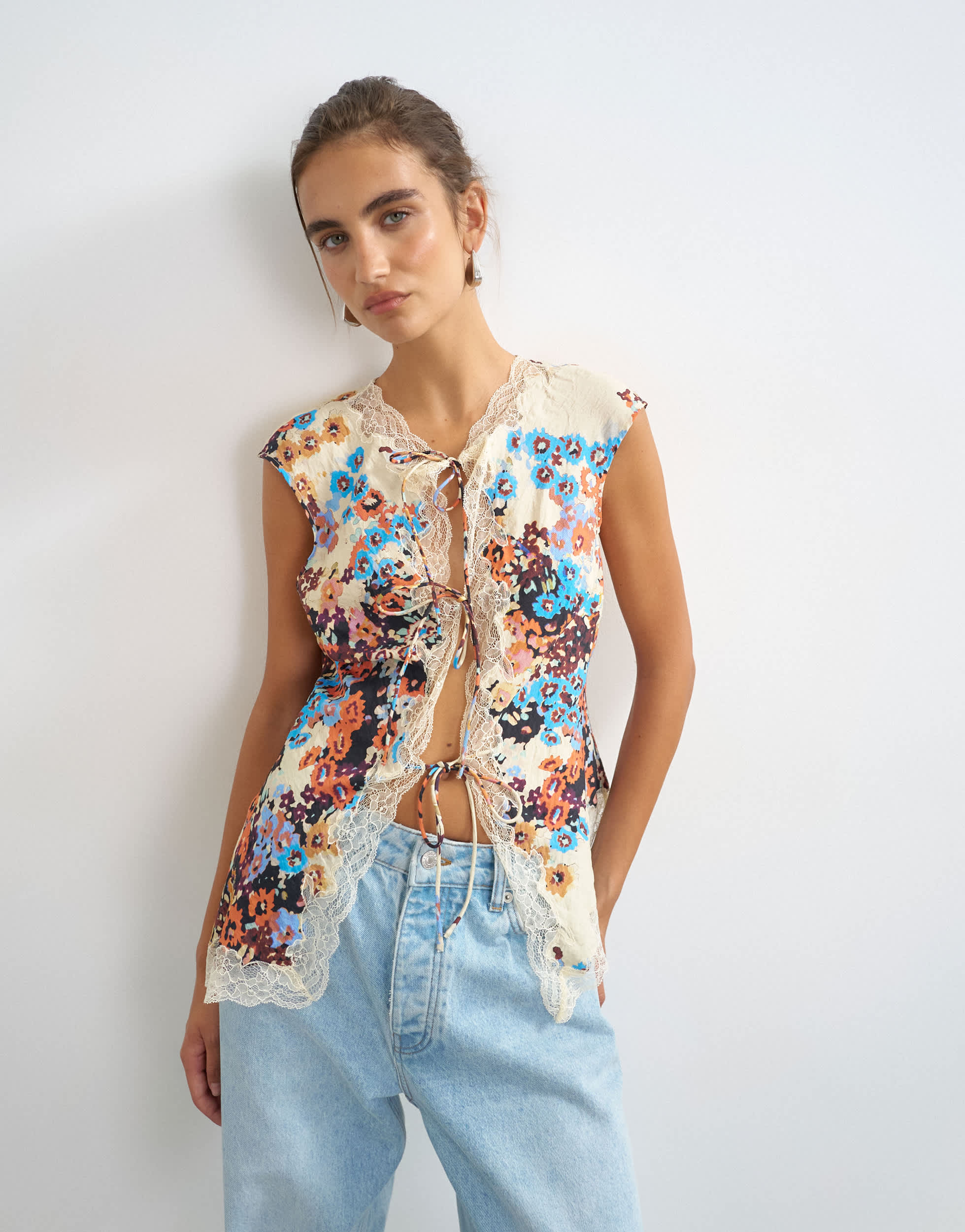 Topshop floral cap sleeve asymmetric tie front lace detail top in ecru