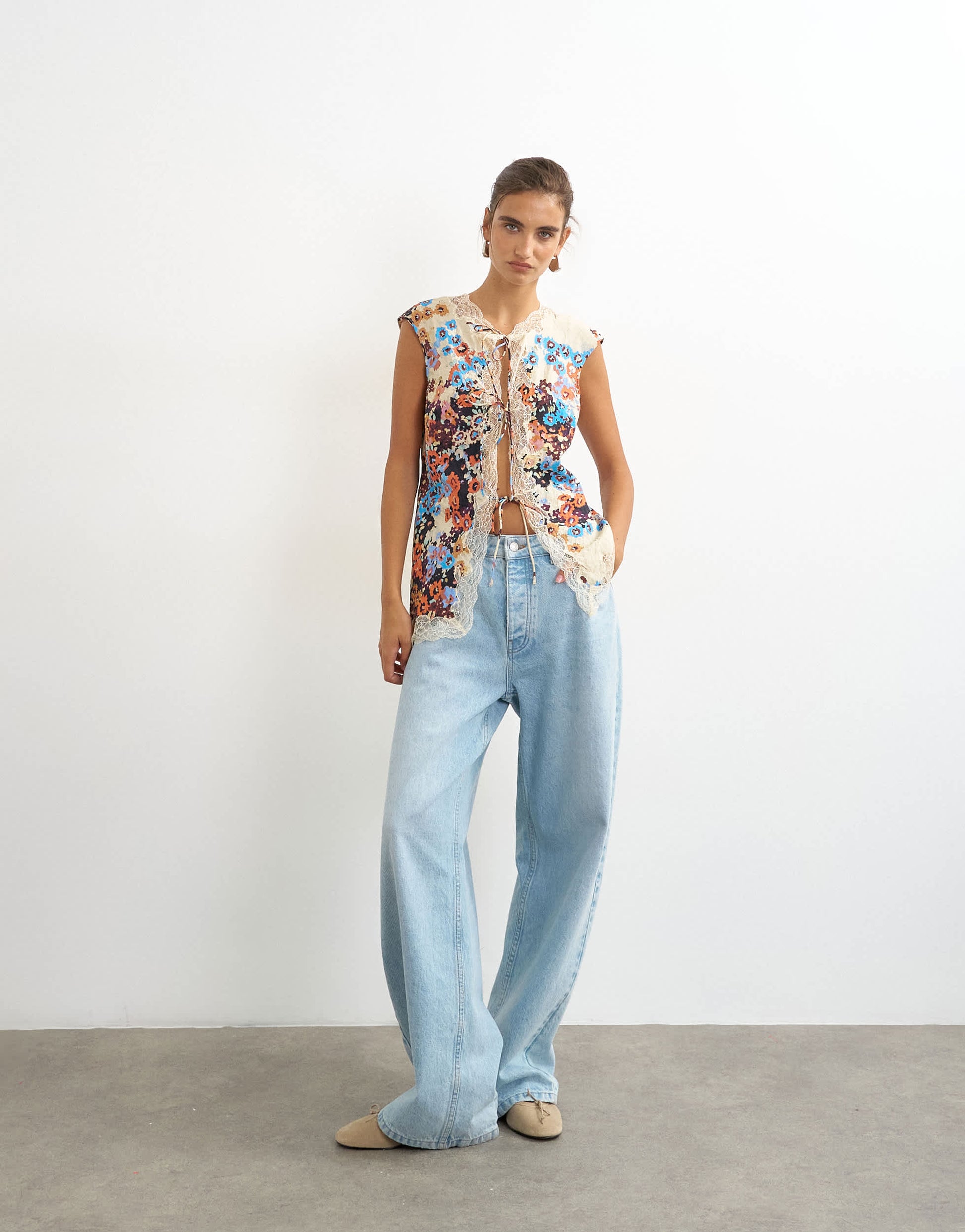 Topshop floral cap sleeve asymmetric tie front lace detail top in ecru
