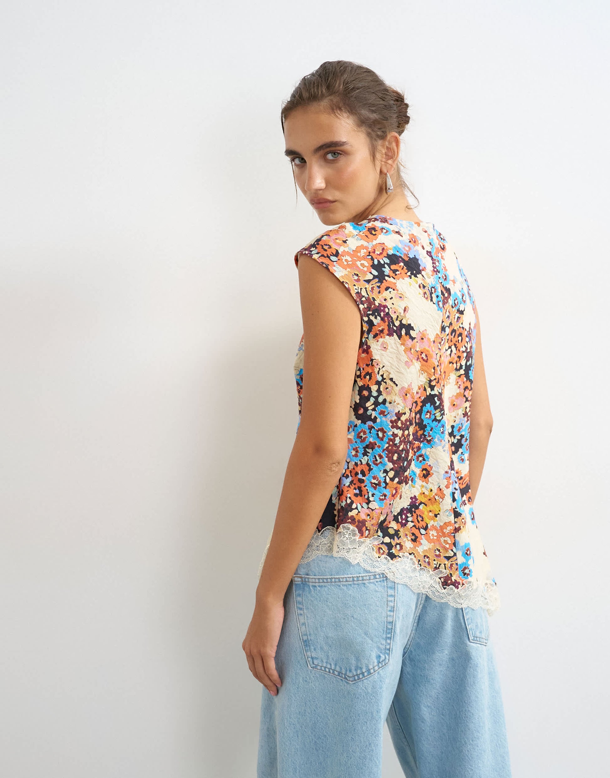 Topshop floral cap sleeve asymmetric tie front lace detail top in ecru