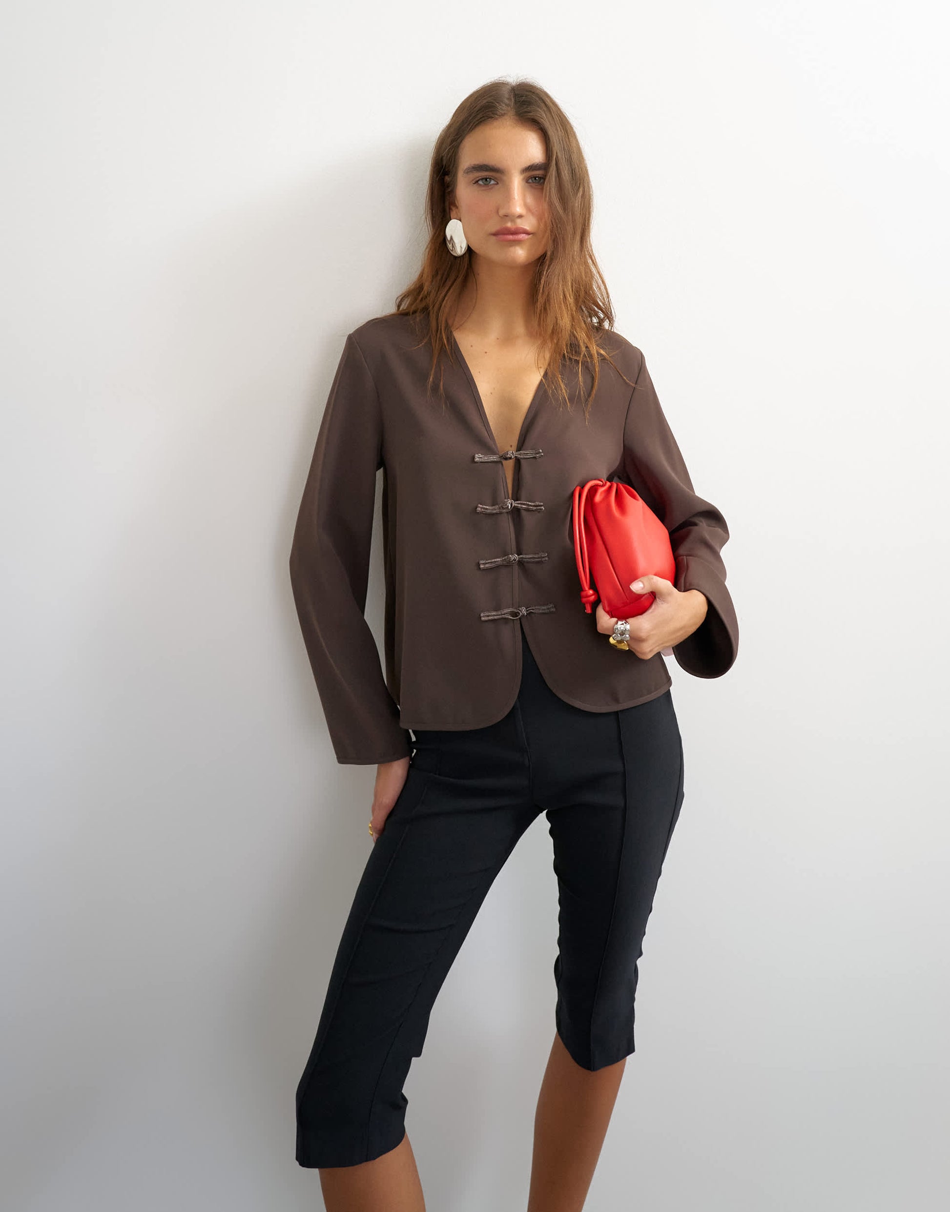Topshop frogging detail top in chocolate