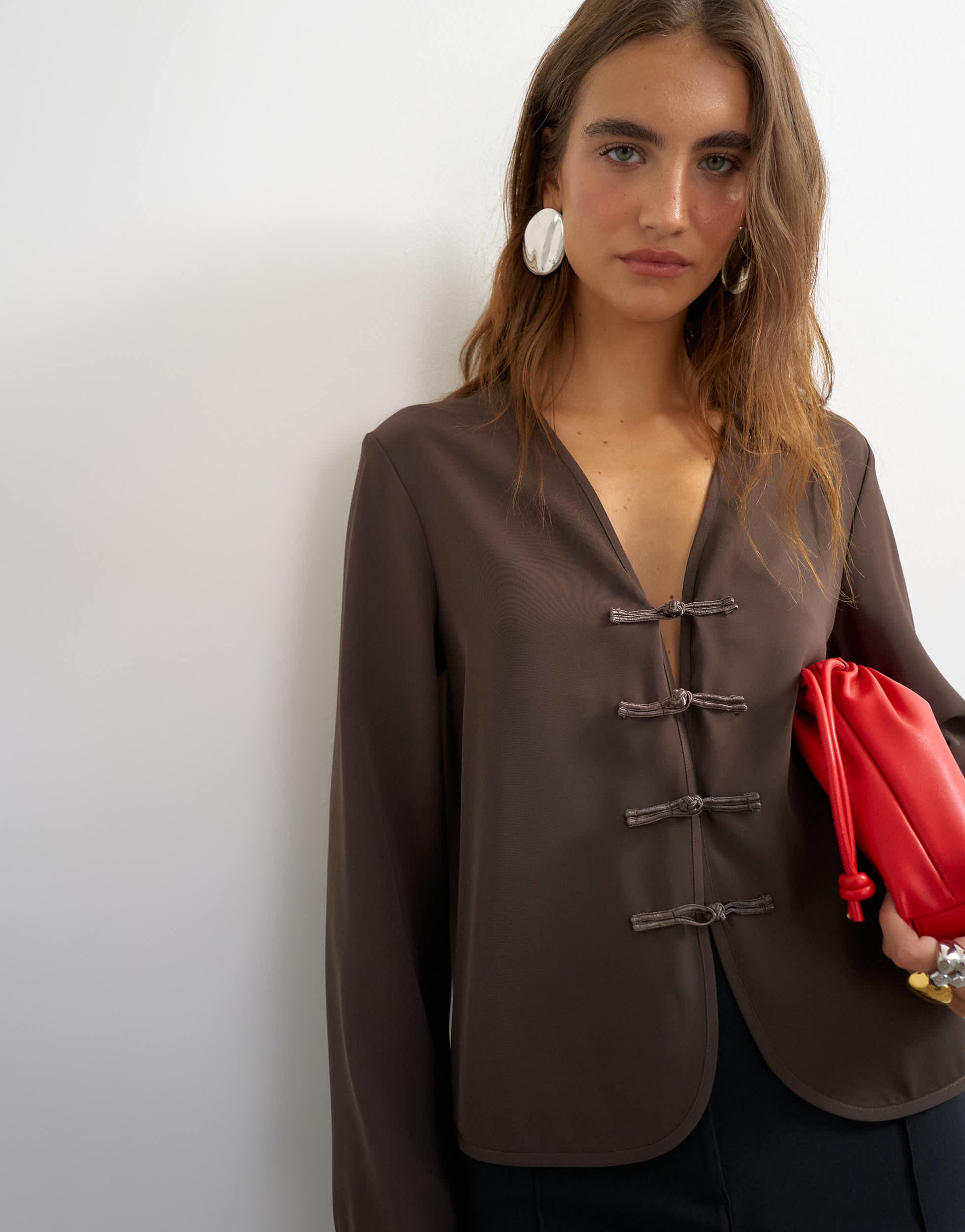 Topshop frogging detail top in chocolate