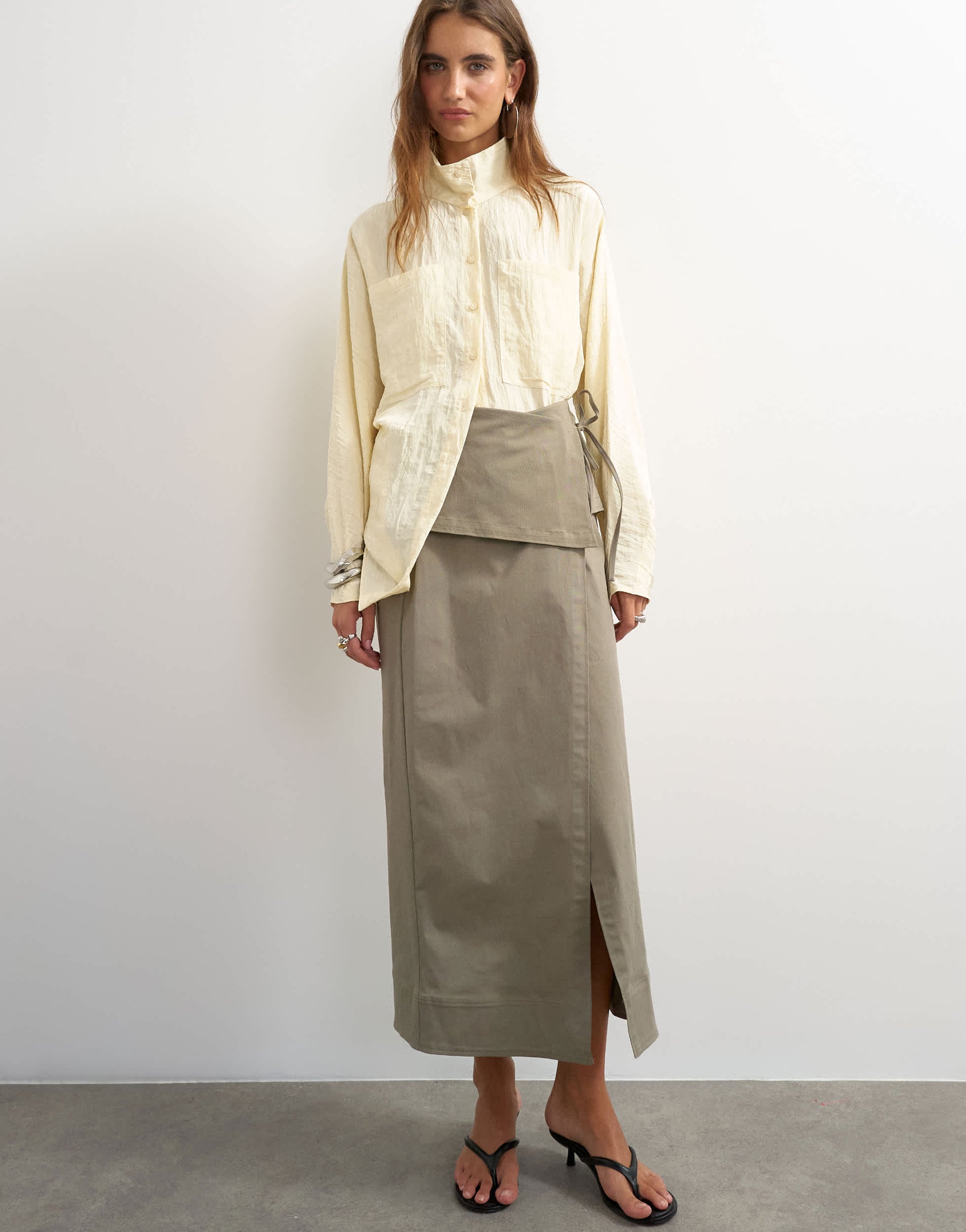 Topshop twill wrap tie detail maxi skirt in charcoal grey