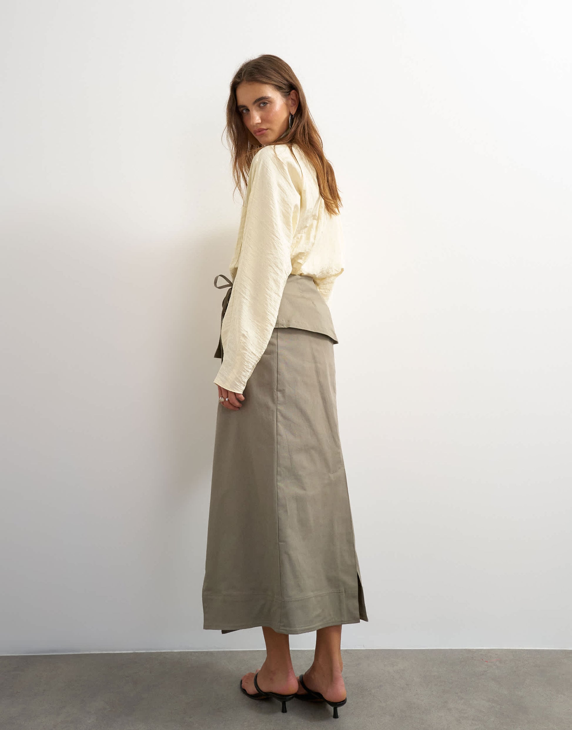 Topshop twill wrap tie detail maxi skirt in charcoal grey