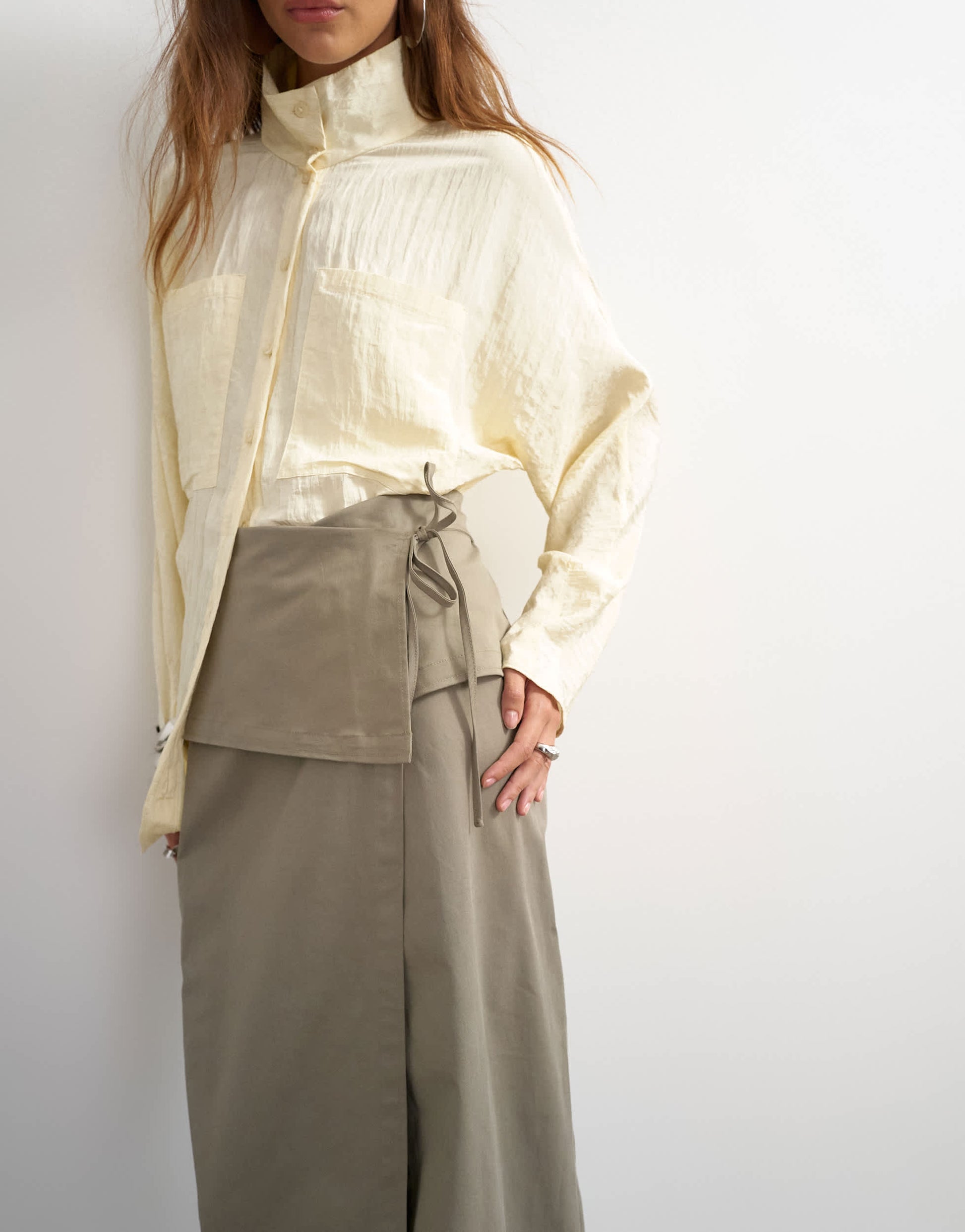 Topshop twill wrap tie detail maxi skirt in charcoal grey