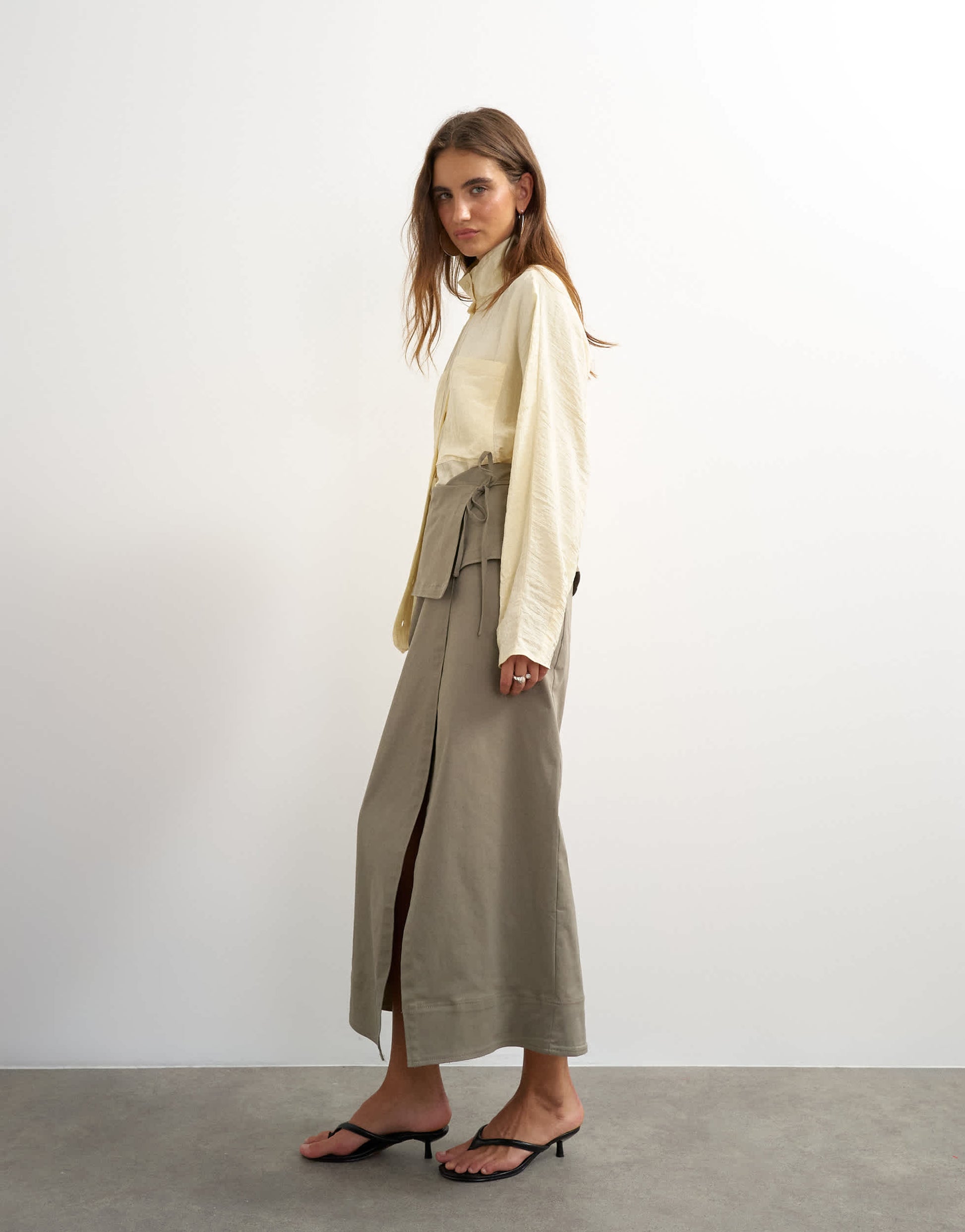 Topshop twill wrap tie detail maxi skirt in charcoal grey