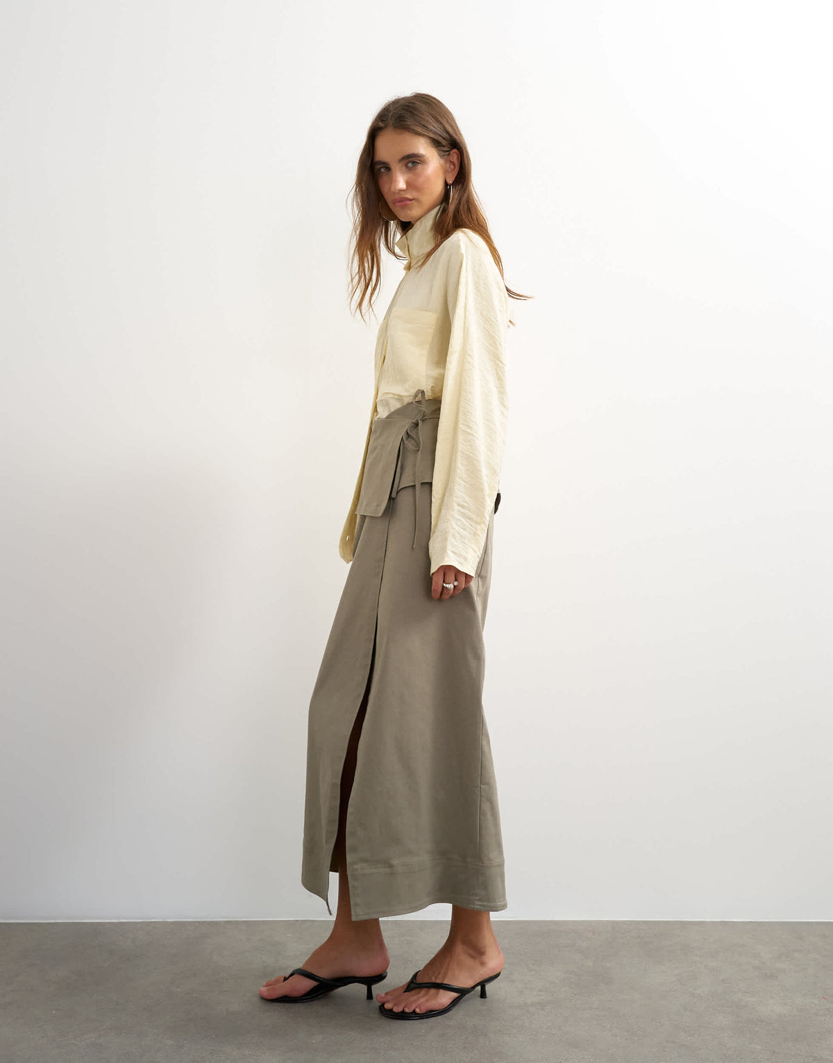 Topshop twill wrap tie detail maxi skirt in charcoal grey