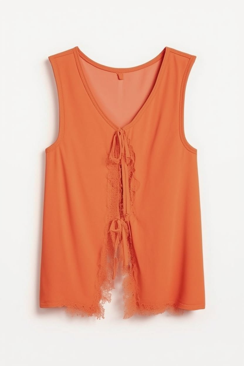 Topshop cap sleeve asymmetric tie front lace detail top in rust