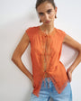 Topshop cap sleeve asymmetric tie front lace detail top in rust