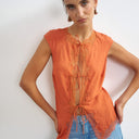 Topshop cap sleeve asymmetric tie front lace detail top in rust