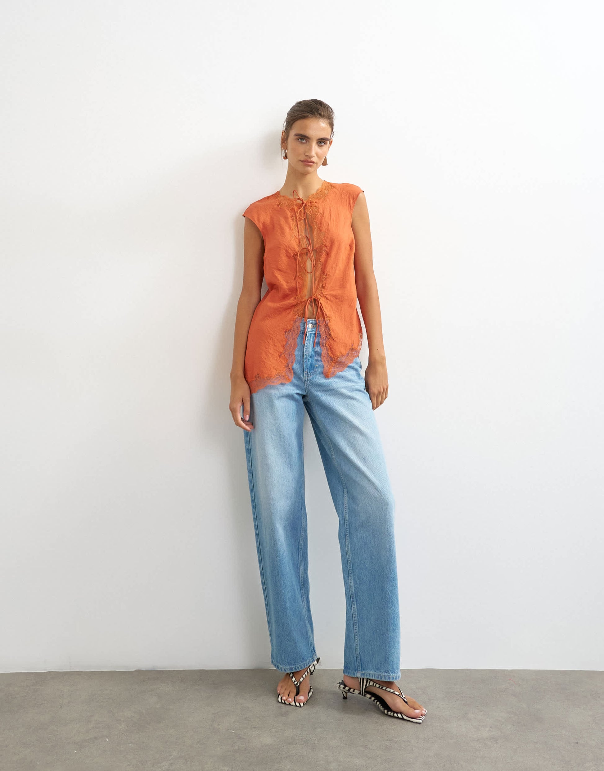 Topshop cap sleeve asymmetric tie front lace detail top in rust