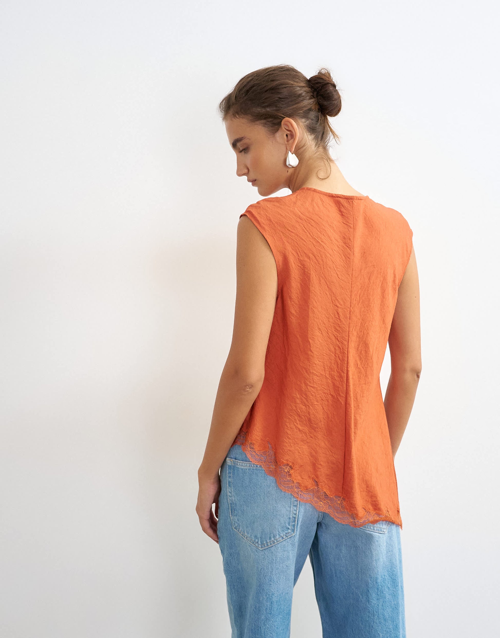 Topshop cap sleeve asymmetric tie front lace detail top in rust