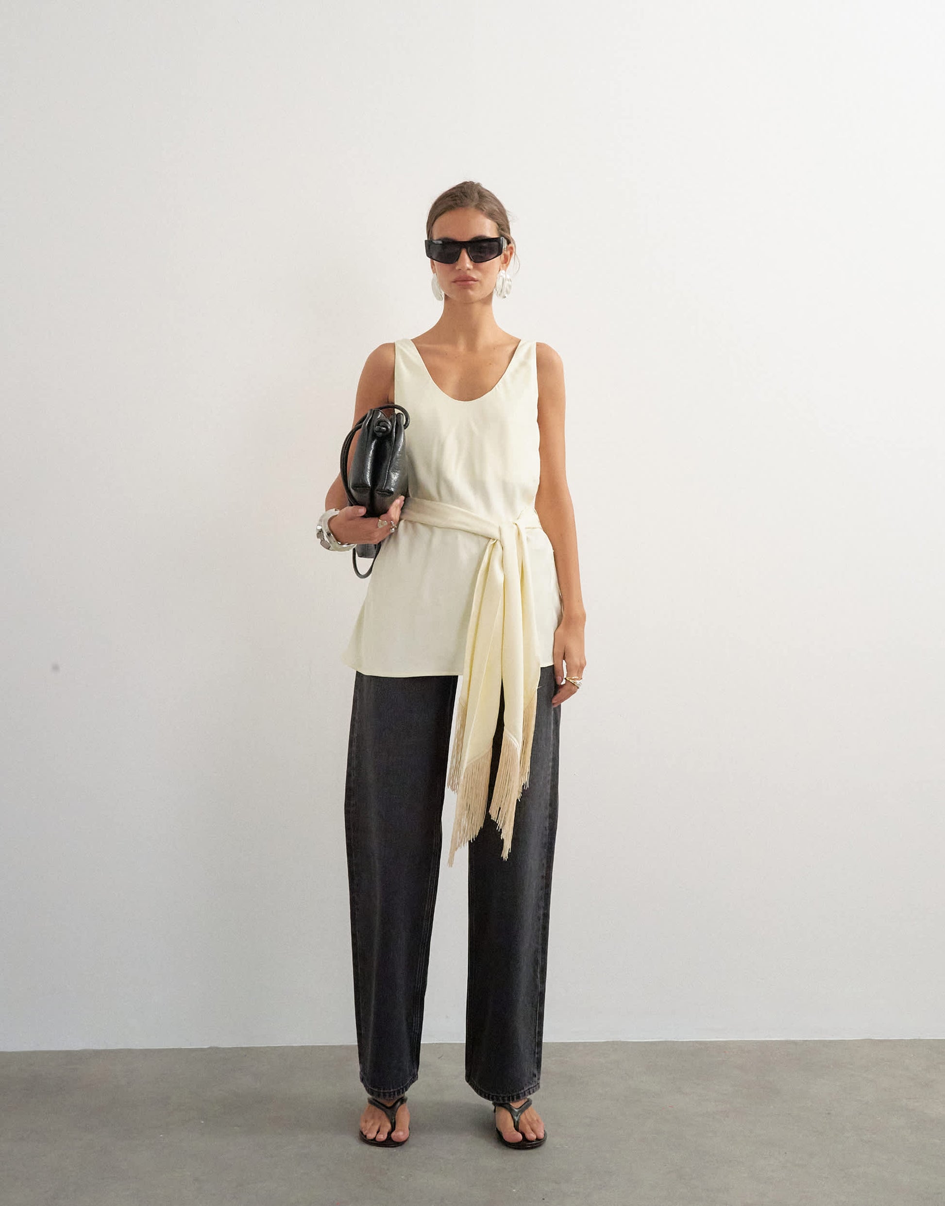 Topshop satin scoop neck cami with fringe detail tie in ivory