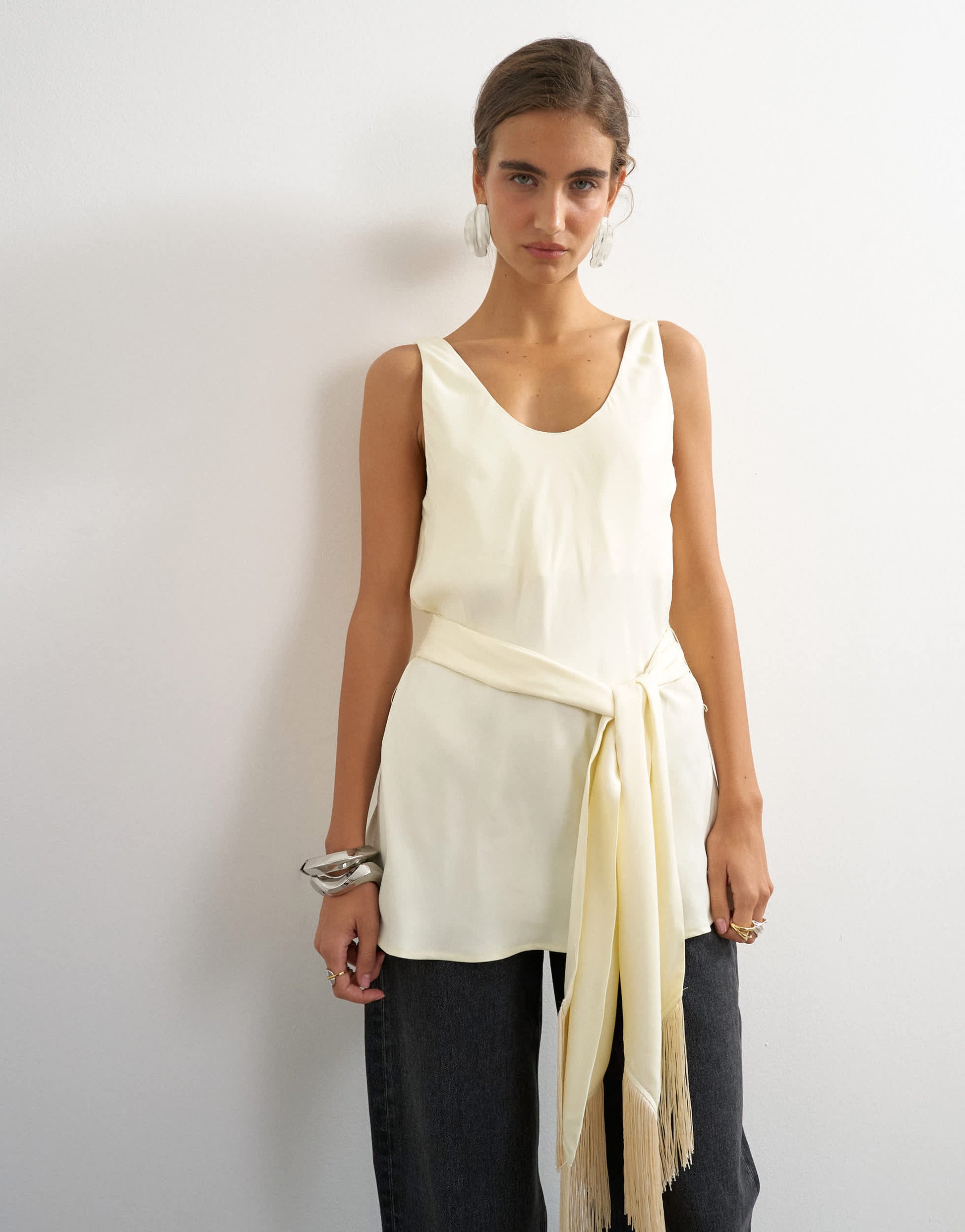 Topshop satin scoop neck cami with fringe detail tie in ivory