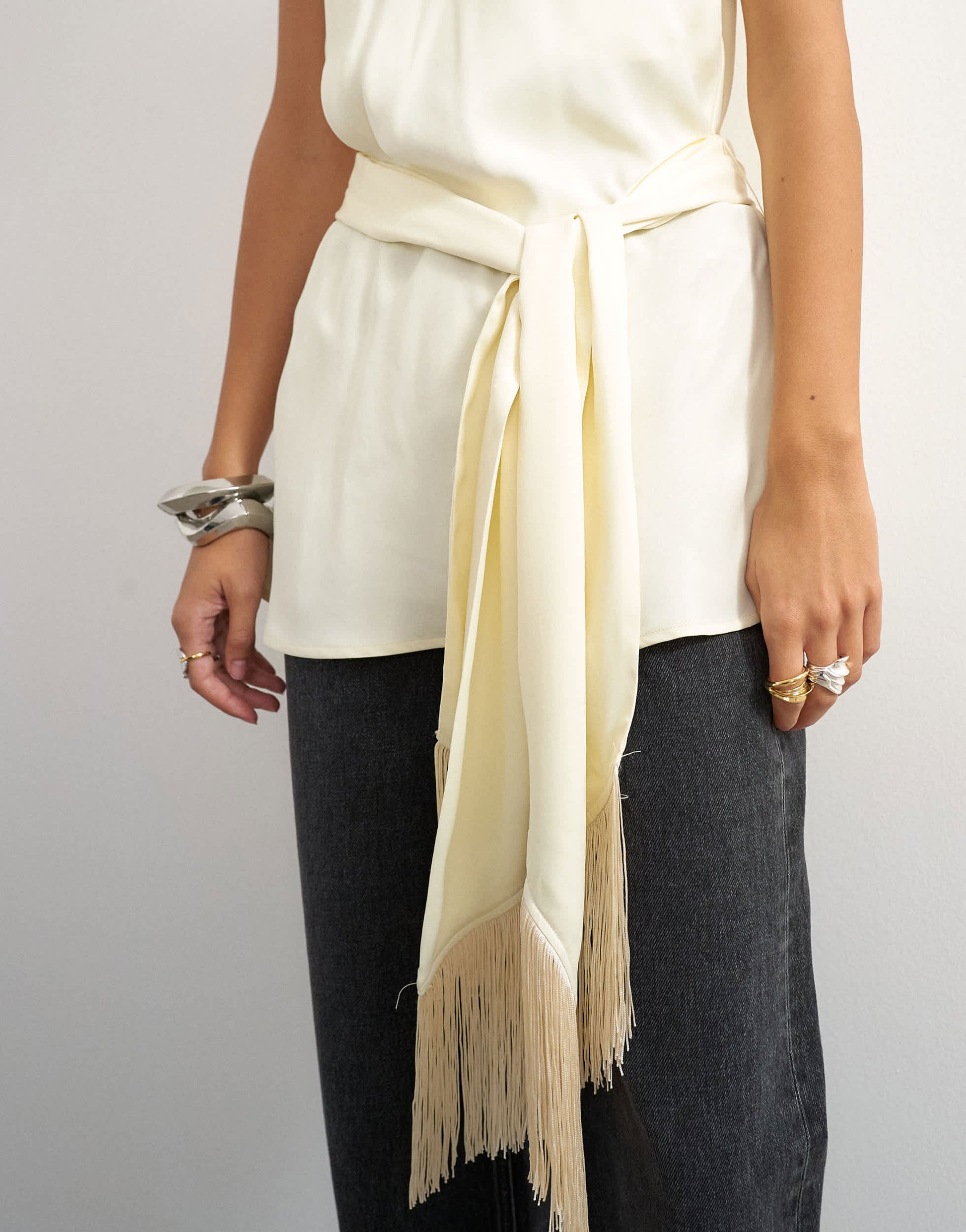 Topshop satin scoop neck cami with fringe detail tie in ivory