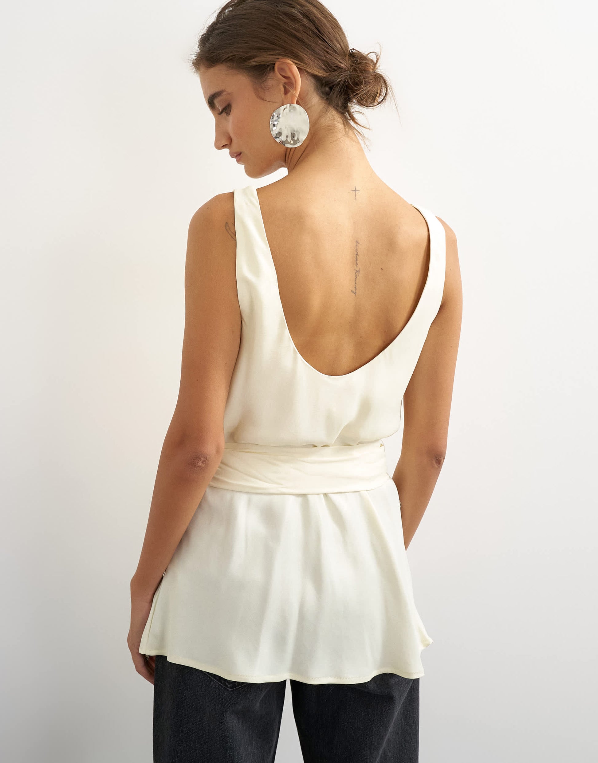 Topshop satin scoop neck cami with fringe detail tie in ivory
