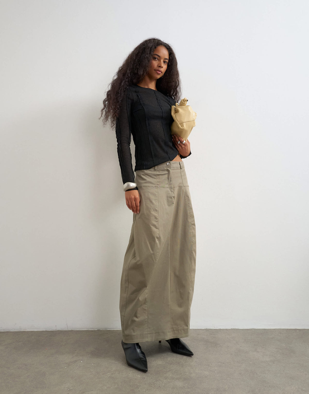 Topshop twill drop waist barrel midi skirt in charcoal grey