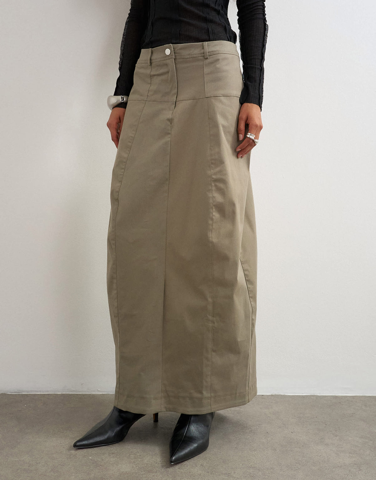 Topshop twill drop waist barrel midi skirt in charcoal grey