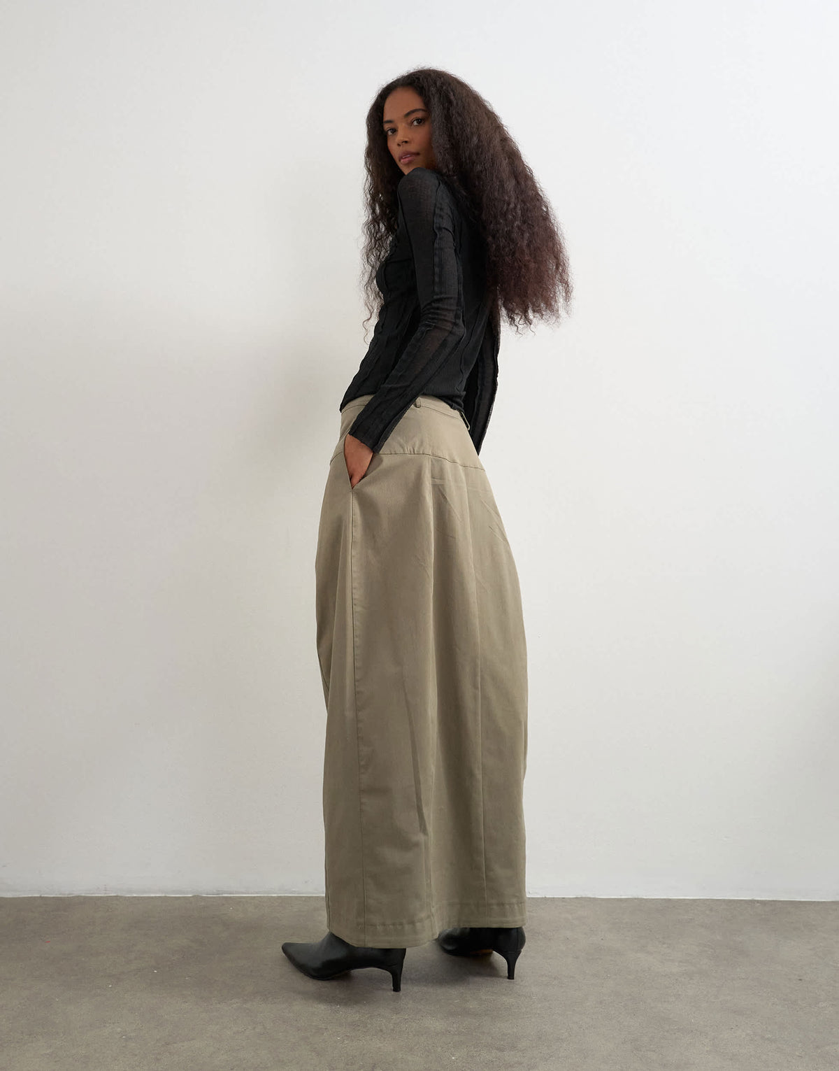 Topshop twill drop waist barrel midi skirt in charcoal grey
