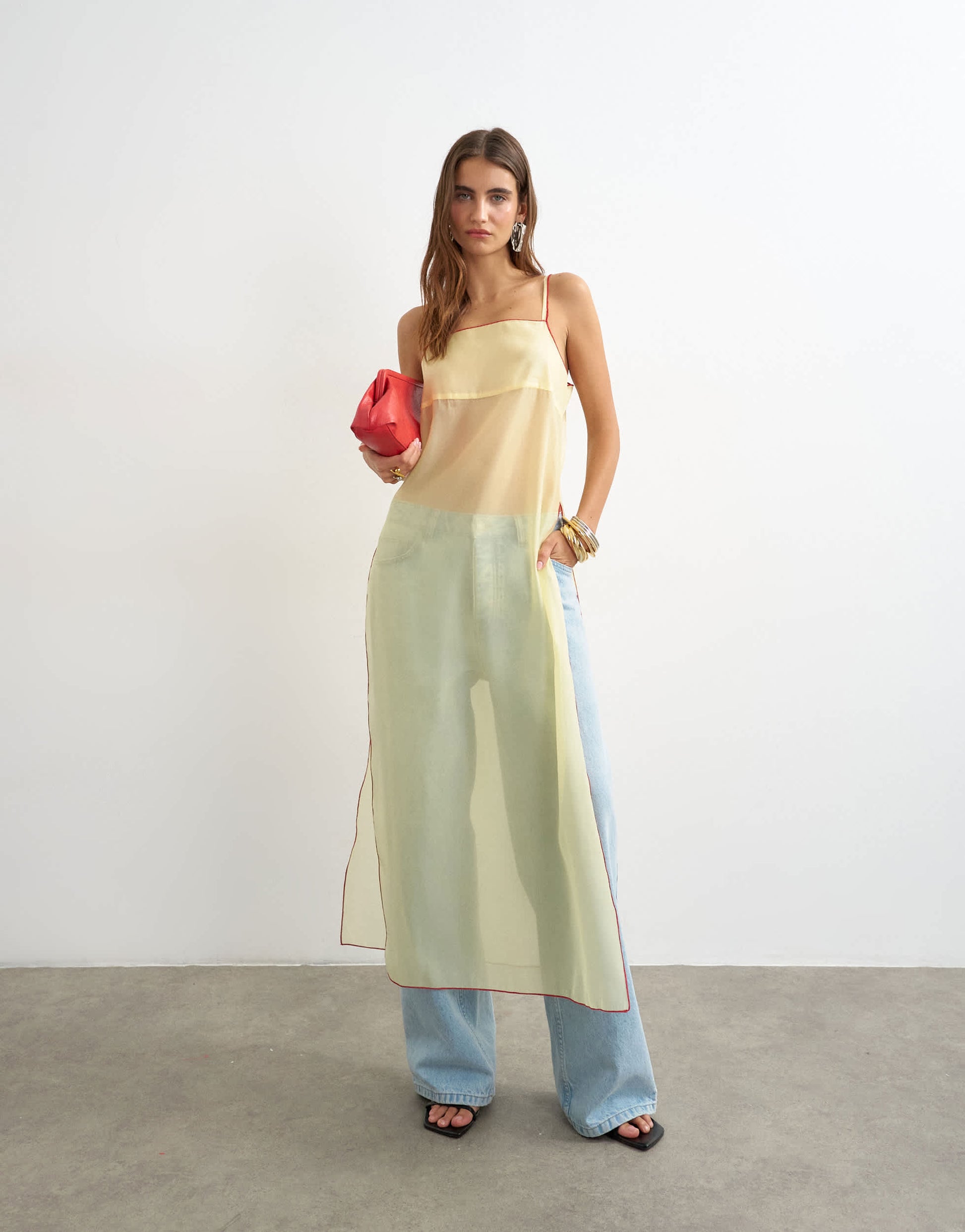 Topshop sheer organza longline cami in lemon with red tipping