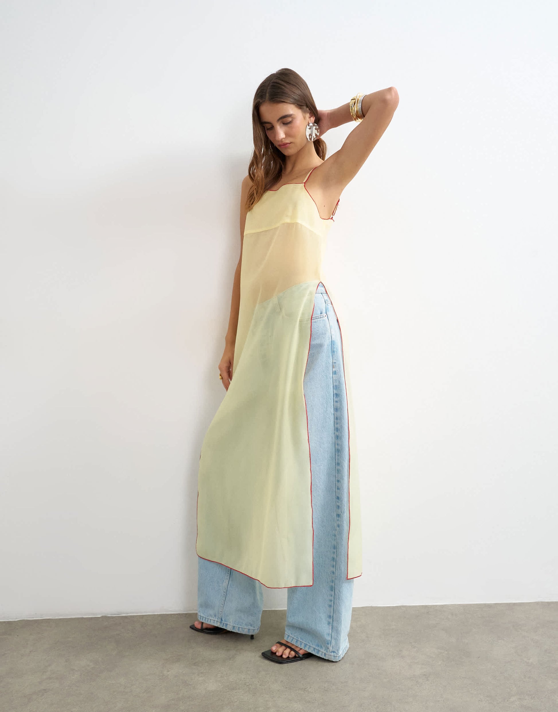 Topshop sheer organza longline cami in lemon with red tipping