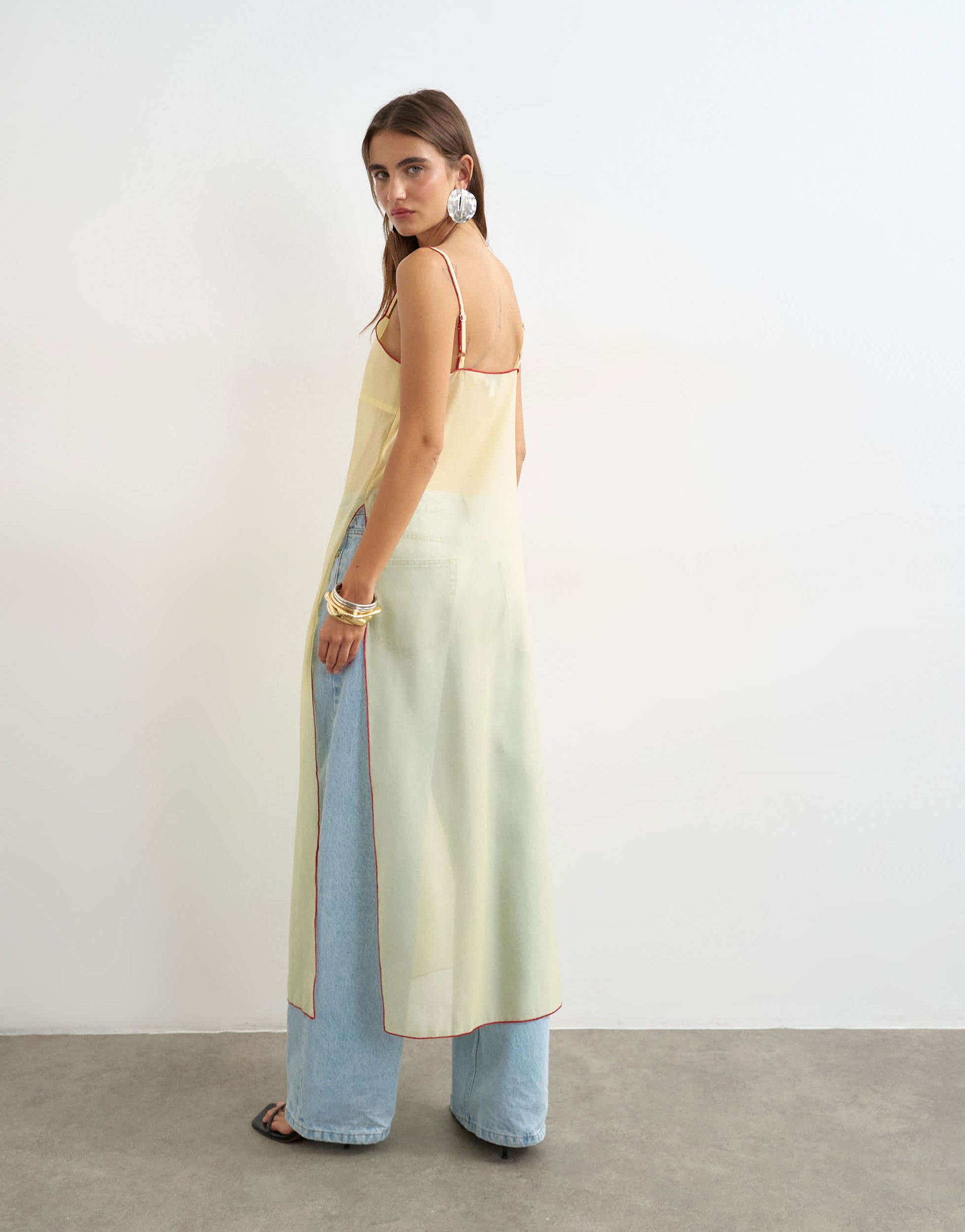 Topshop sheer organza longline cami in lemon with red tipping