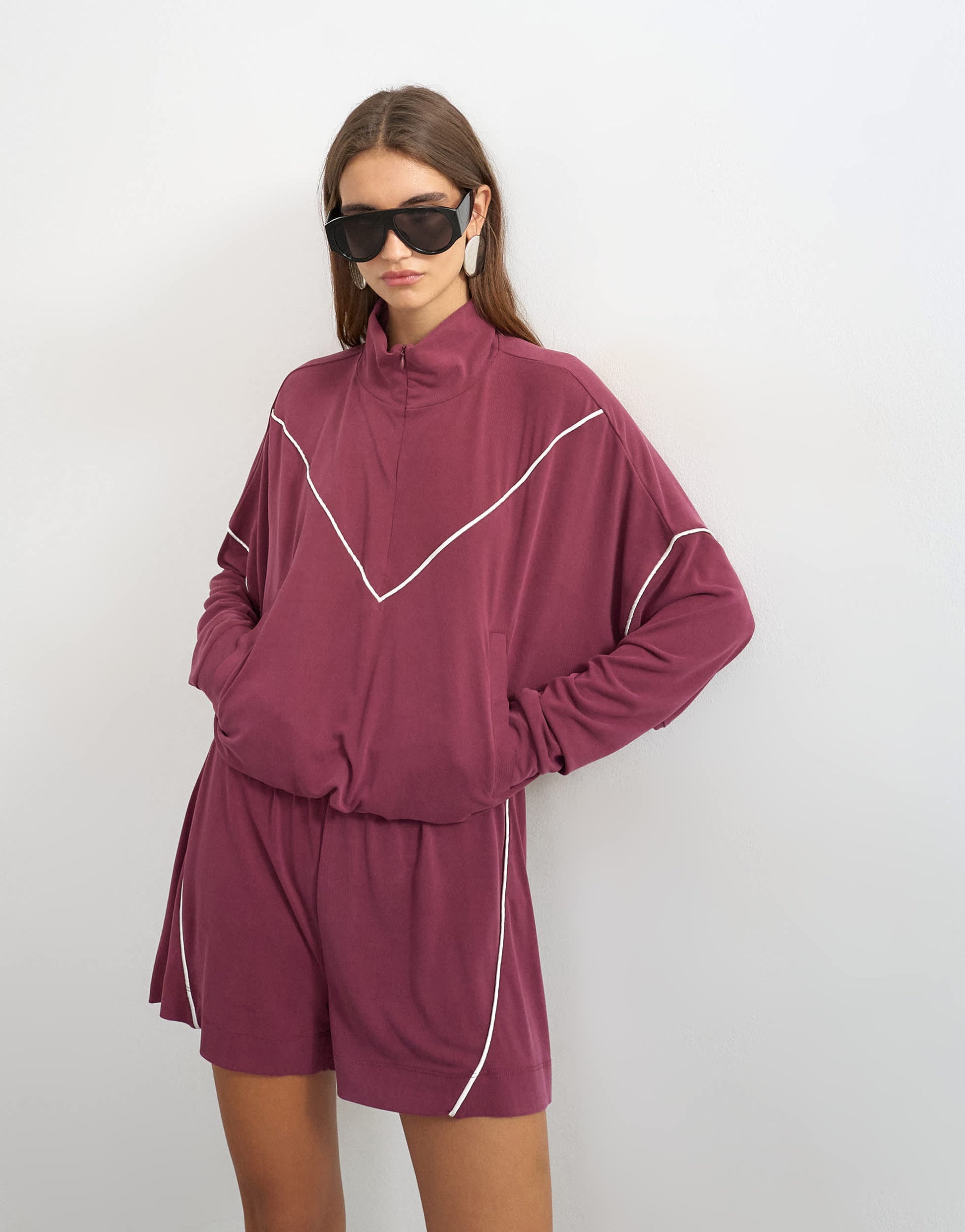 Topshop sporty piping half zip top co ord in burgundy