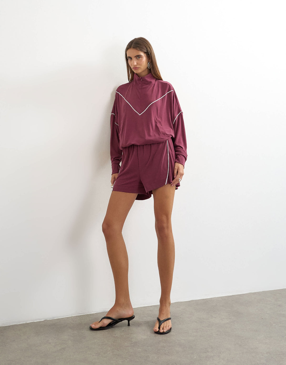 Topshop sporty piping half zip top co ord in burgundy