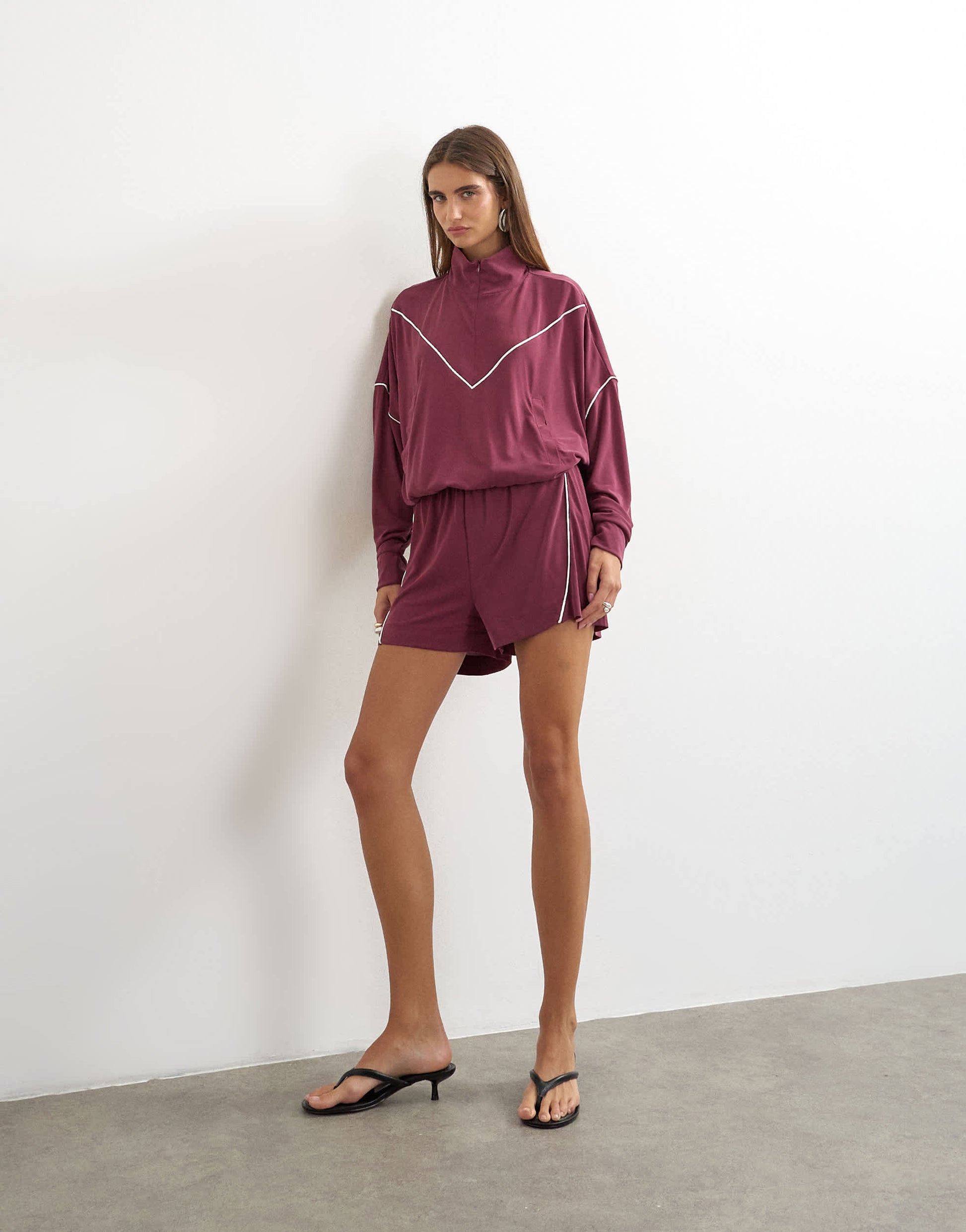 Topshop sporty piping half zip top co ord in burgundy