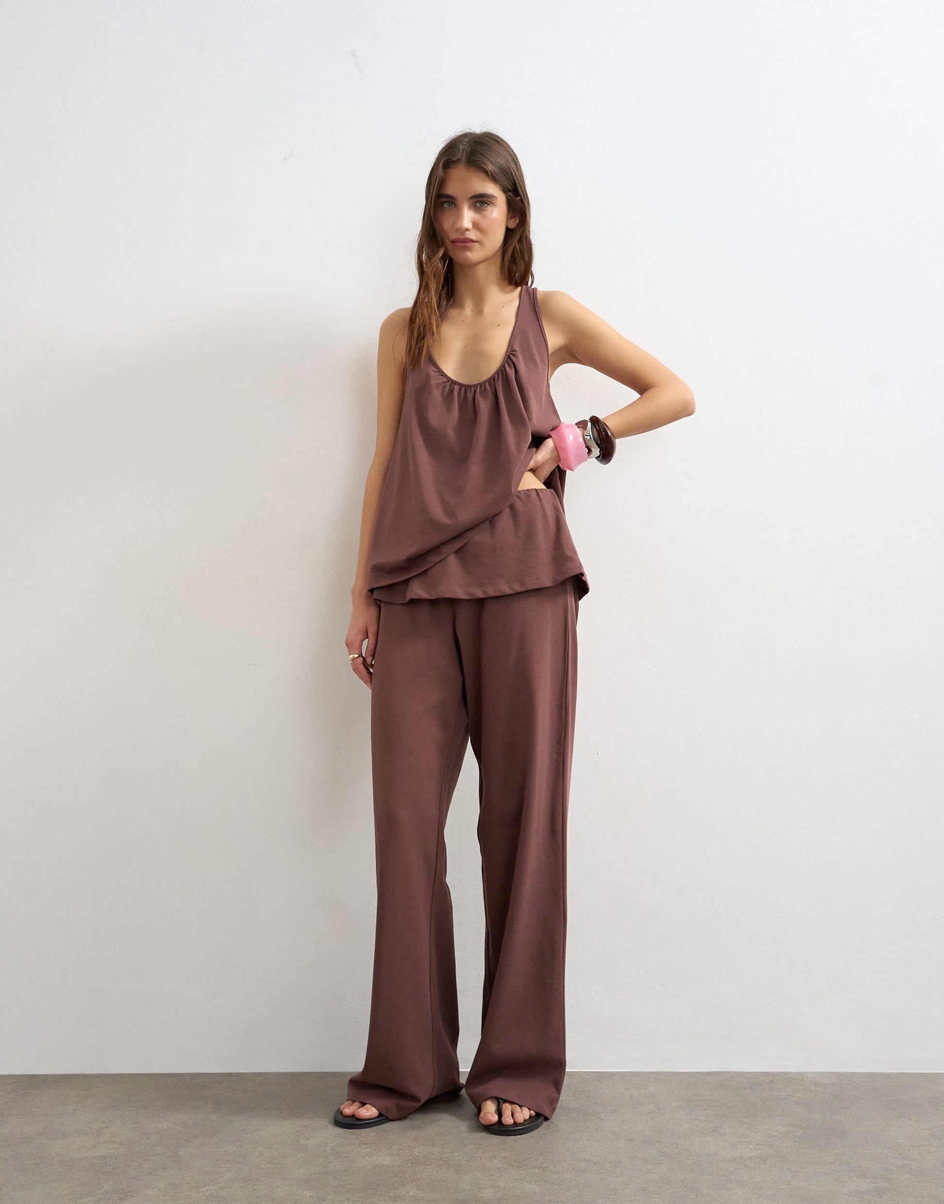 Topshop cotton overlay wide leg bottoms co-ord in chocolate