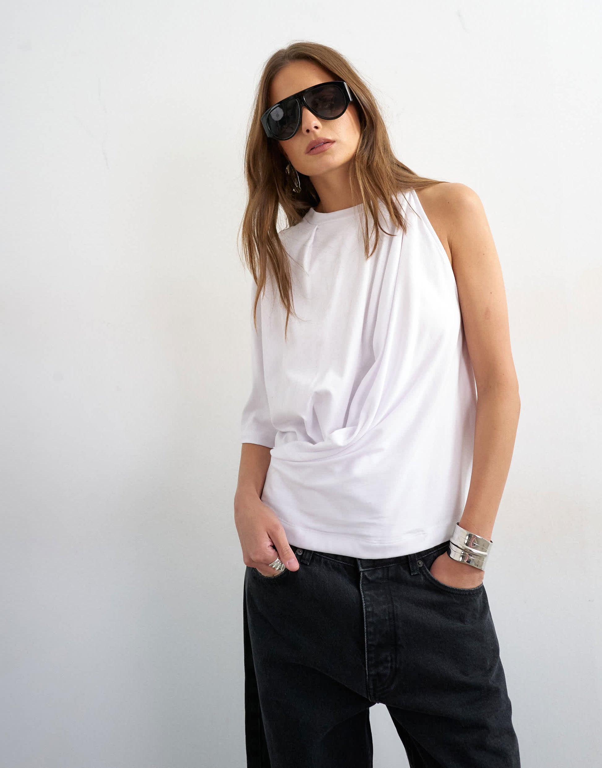 Topshop asymmetric drape tee in white