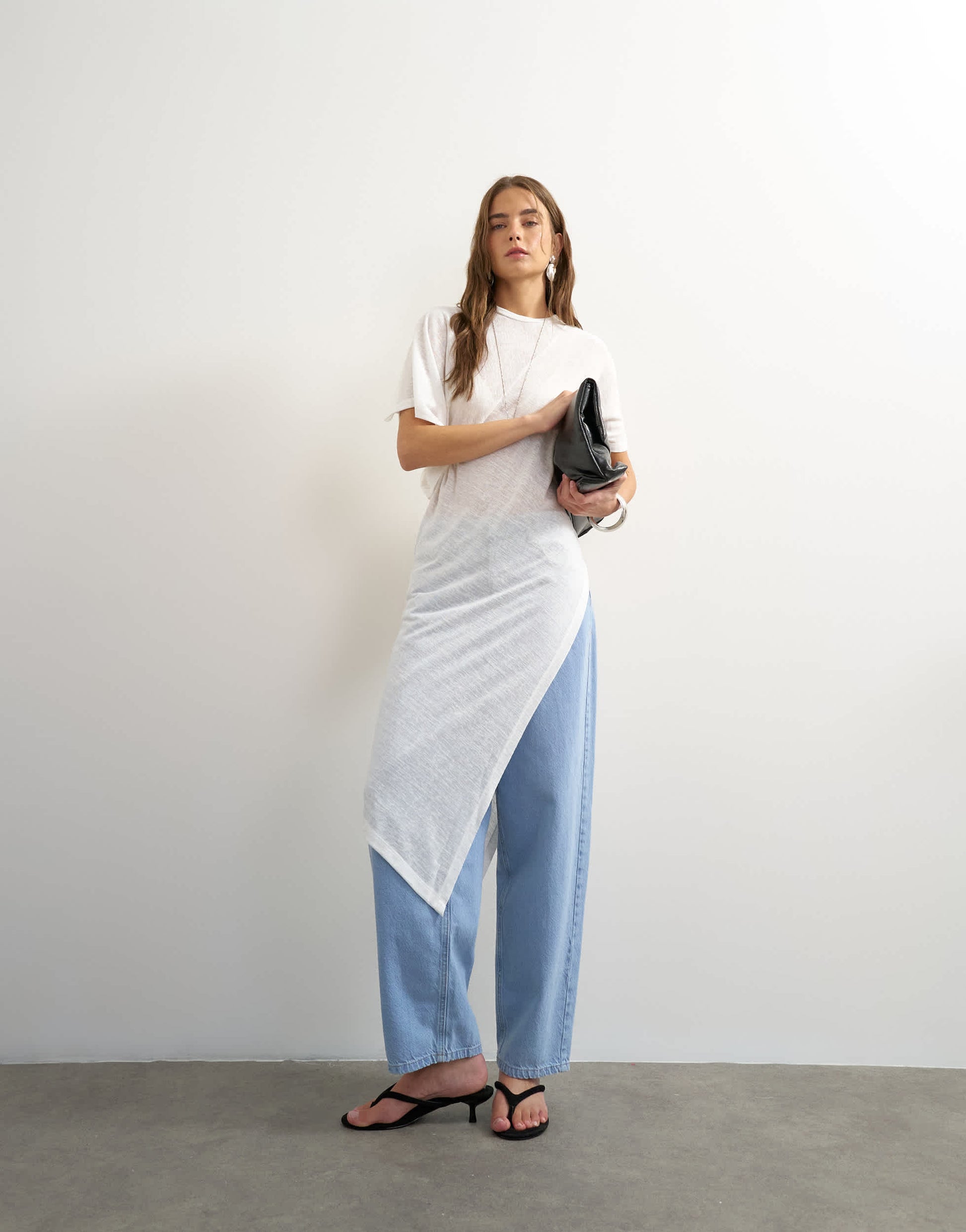 Topshop crew neck sheer longline split tunic in white
