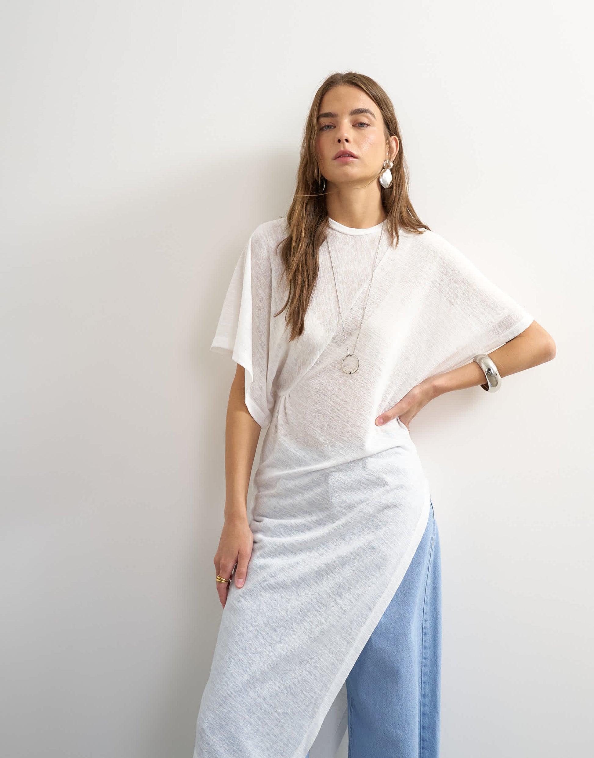 Topshop crew neck sheer longline split tunic in white