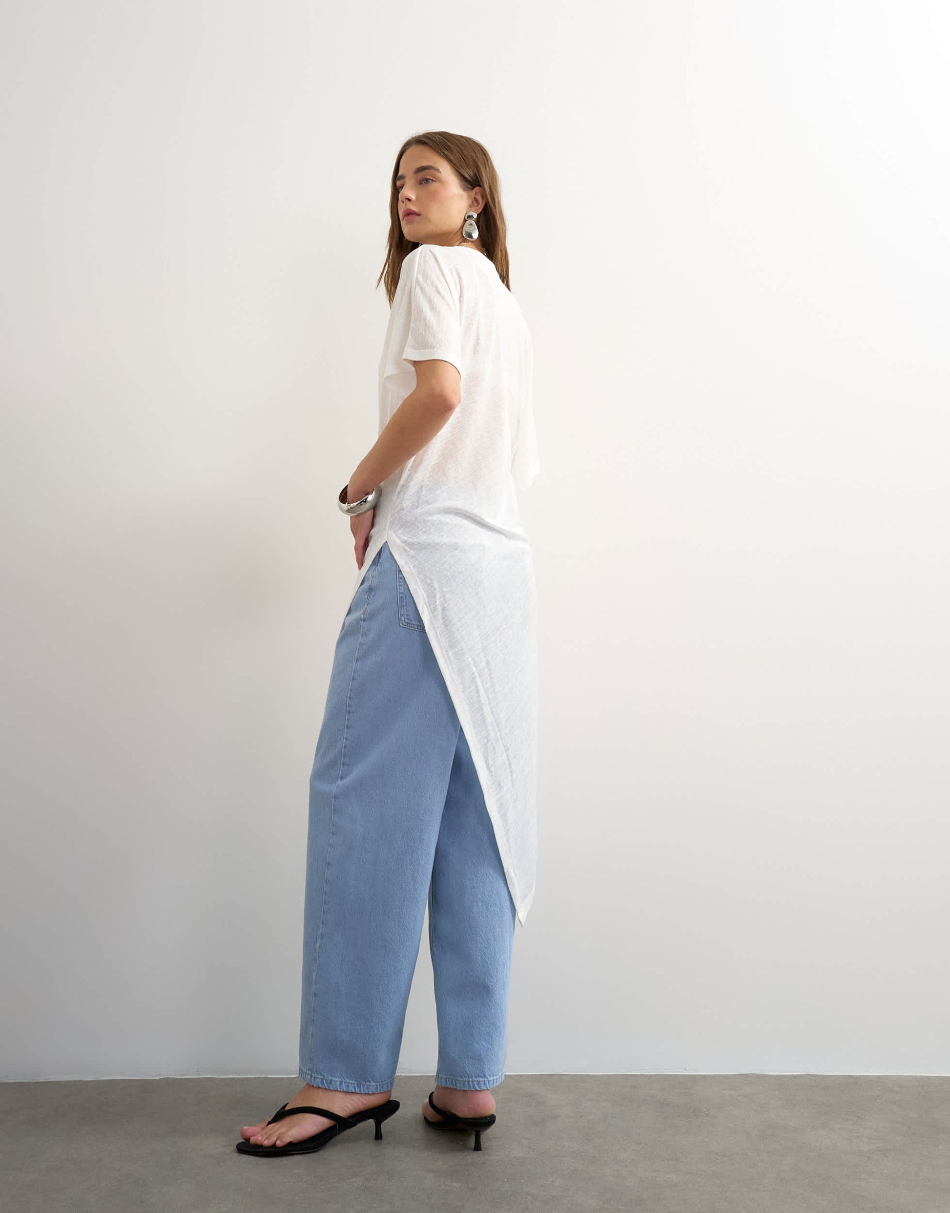 Topshop crew neck sheer longline split tunic in white