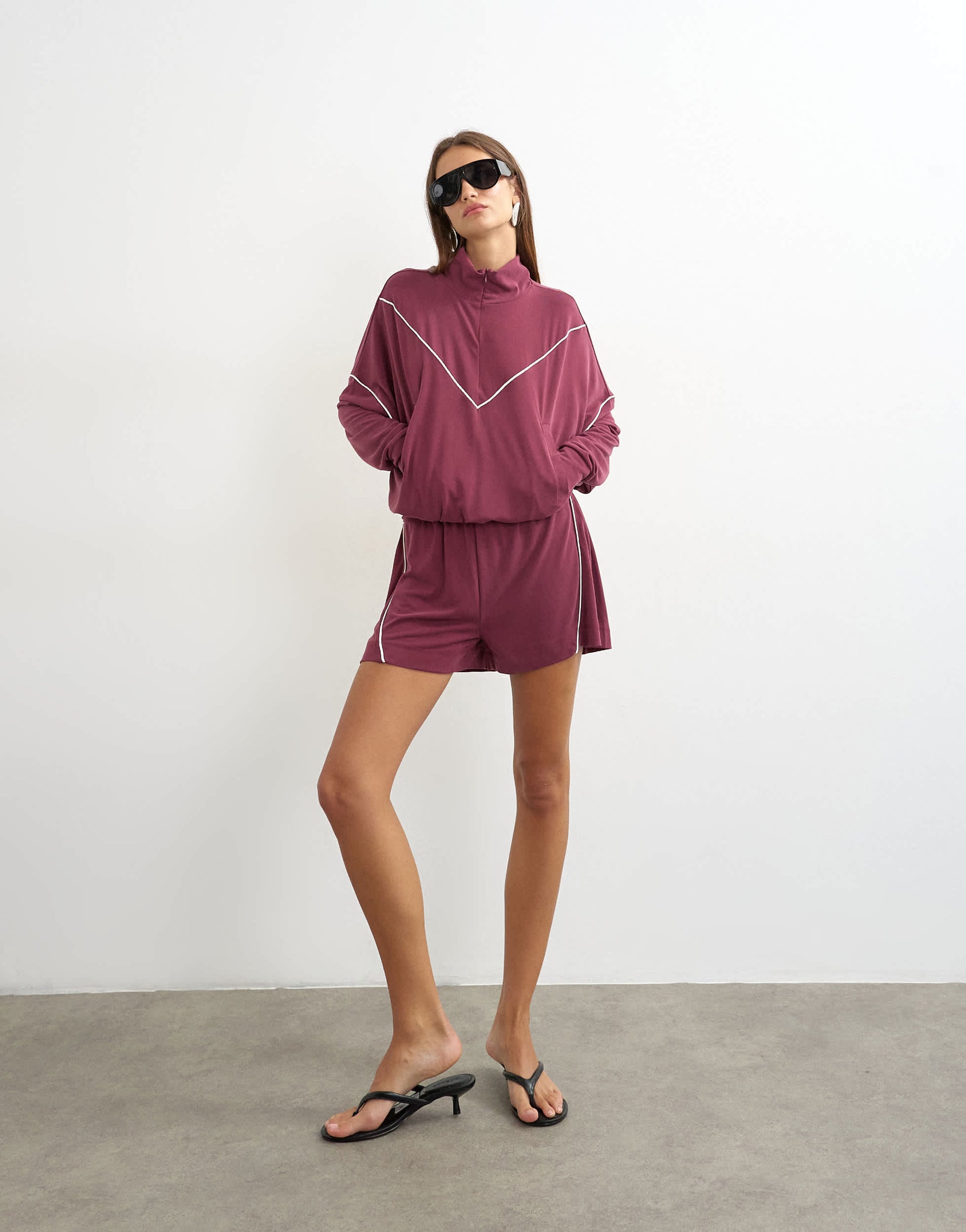 Topshop sporty piping detail shorts co ord in burgundy