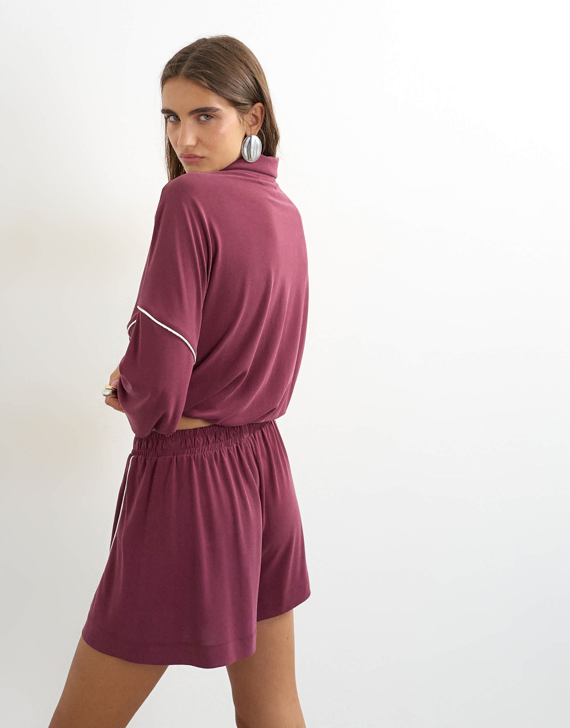 Topshop sporty piping detail shorts co ord in burgundy