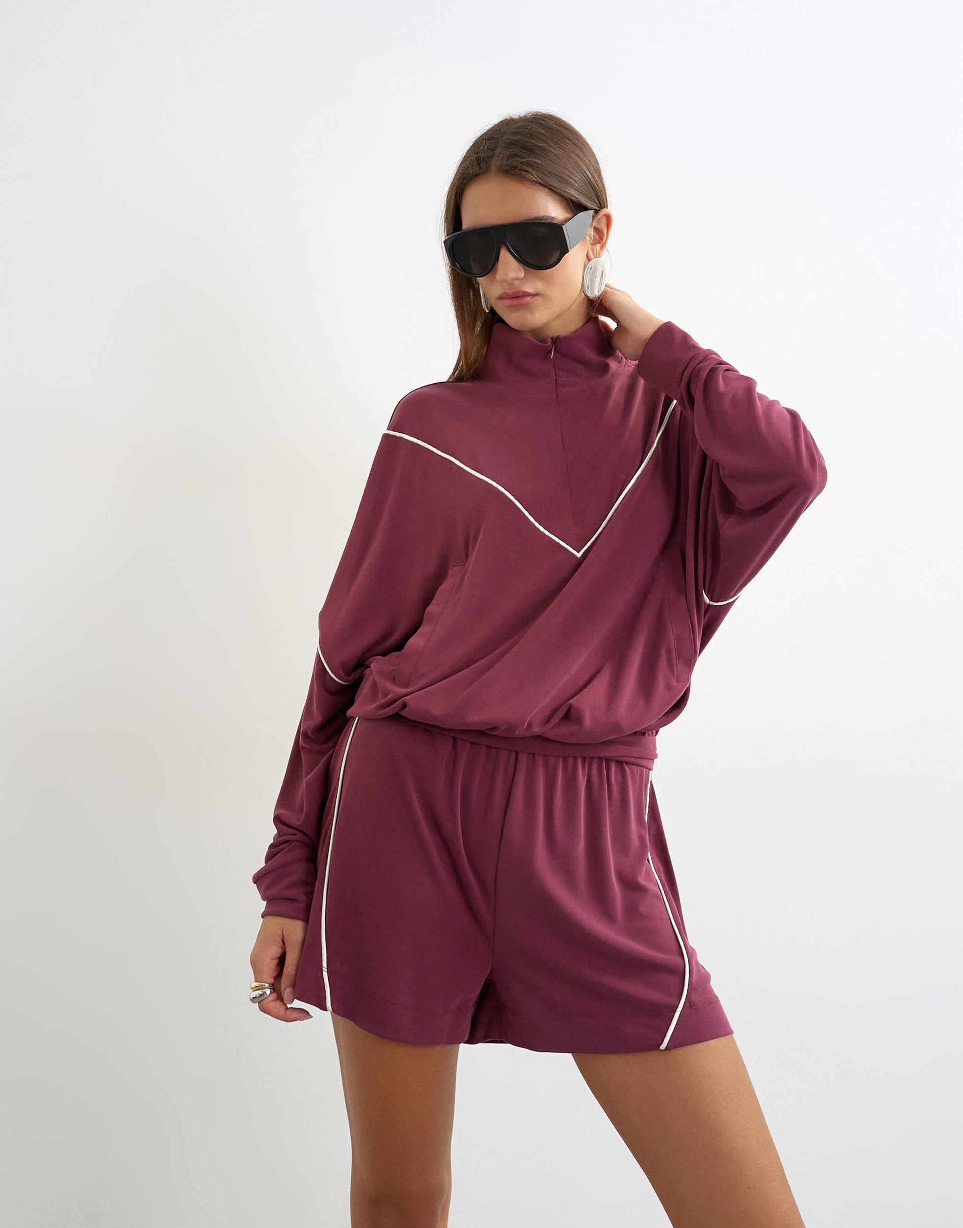 Topshop sporty piping detail shorts co ord in burgundy